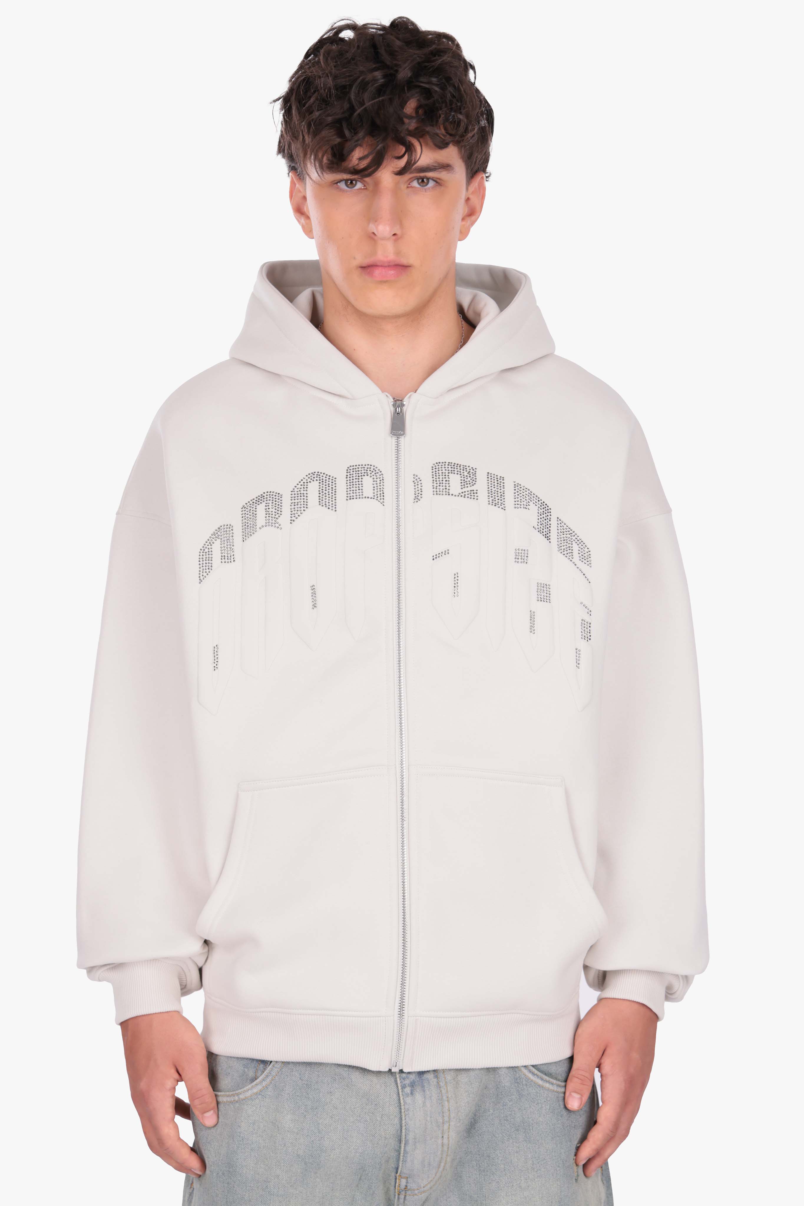LAYERED RHINESTONE PRINT ZIP HOODIE CLEAR GREY