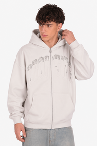 LAYERED RHINESTONE PRINT ZIP HOODIE CLEAR GREY