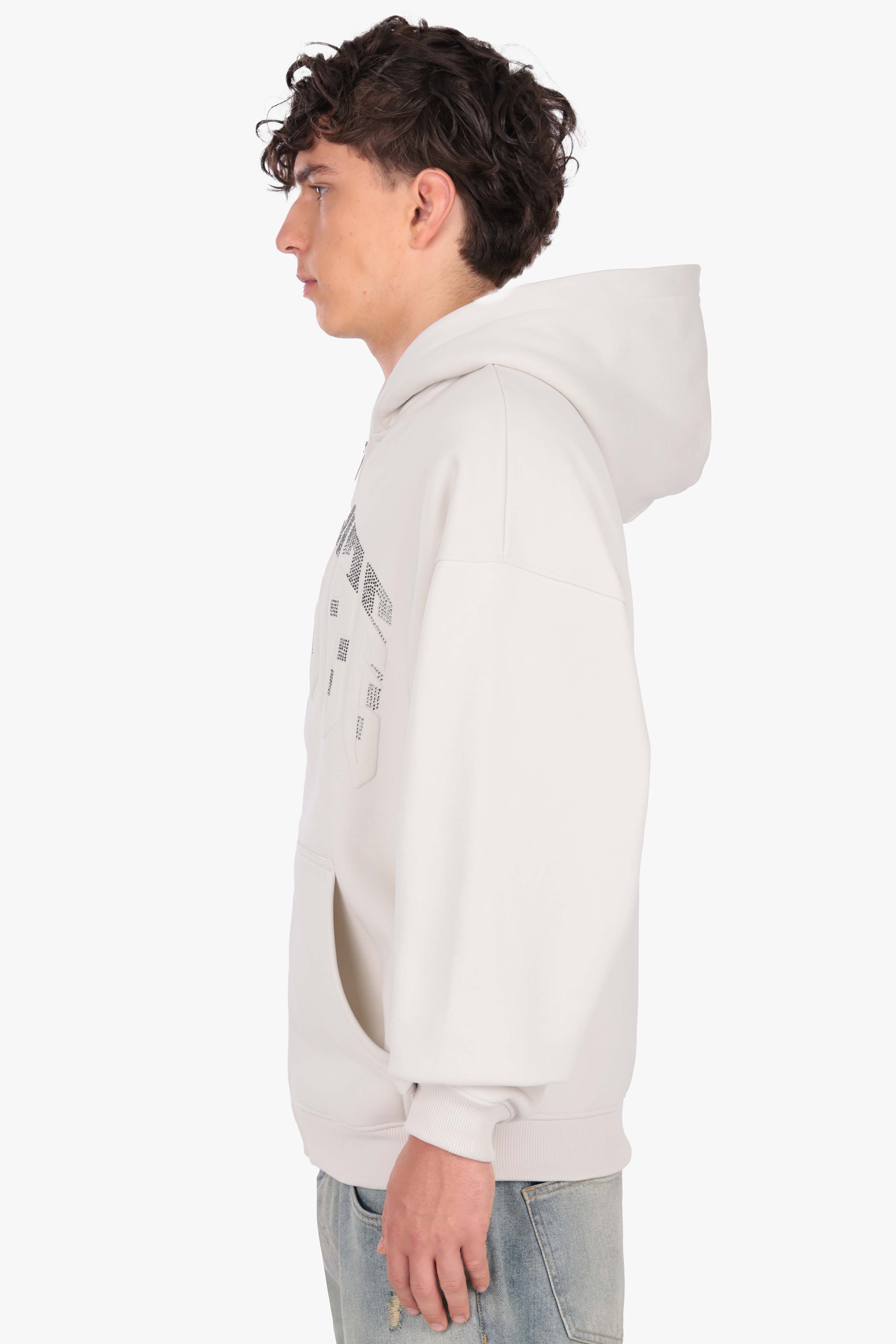 LAYERED RHINESTONE PRINT ZIP HOODIE CLEAR GREY