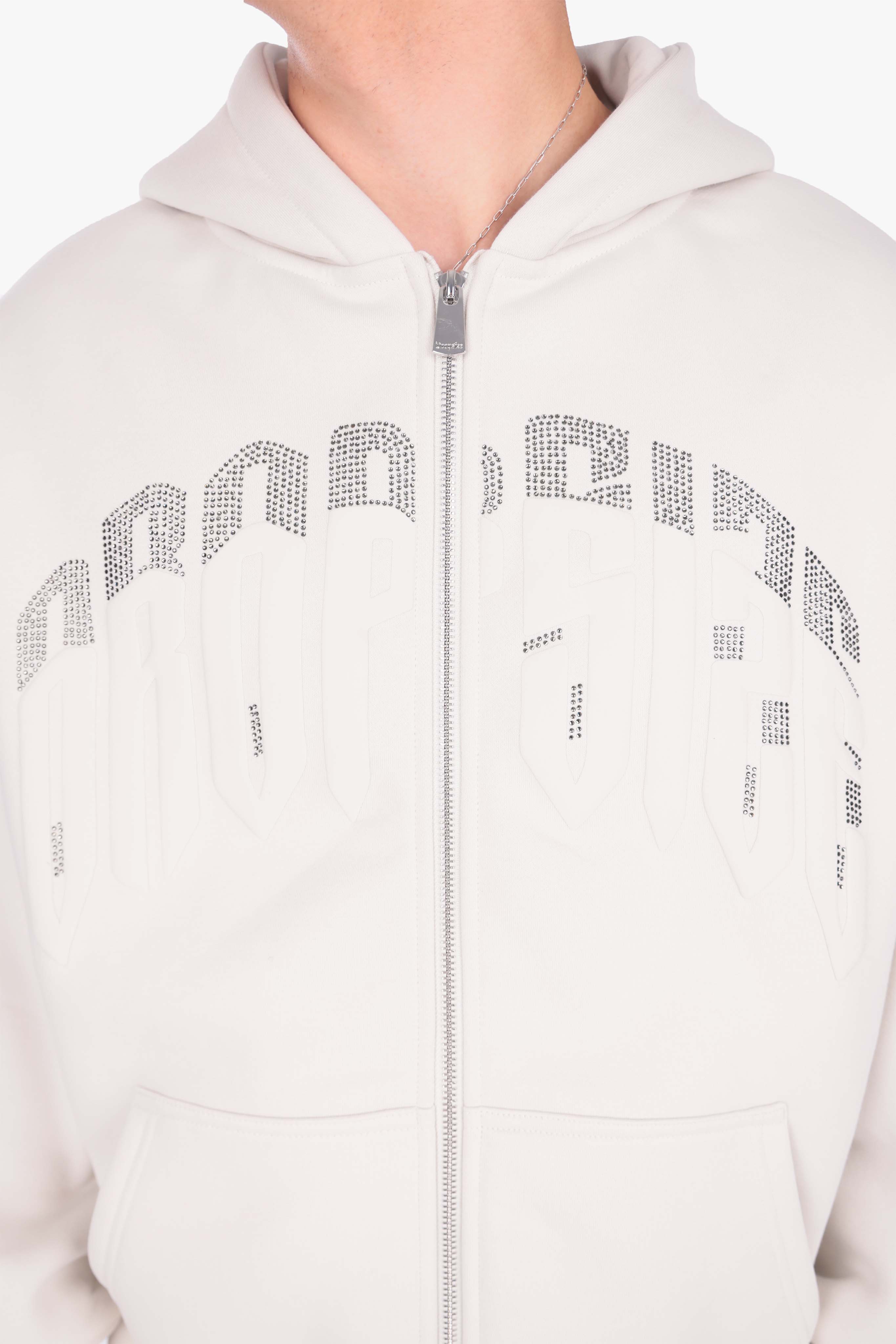 LAYERED RHINESTONE PRINT ZIP HOODIE CLEAR GREY