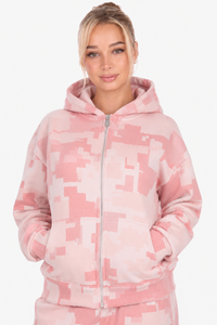 WOMENS PINK CAMO ZIP HOODIE ACID WASH