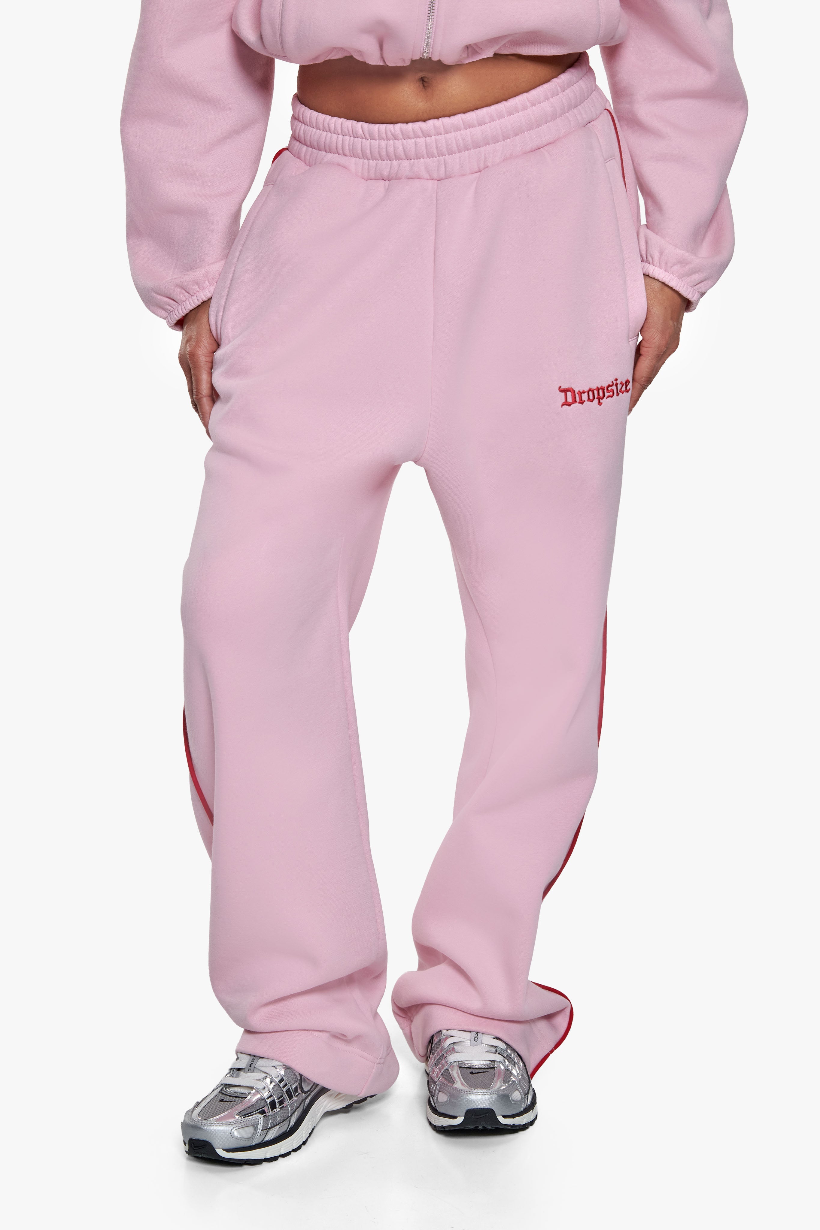 CONTRAST EMBROIDERY WOMEN OPEN LEG JOGGER PINK