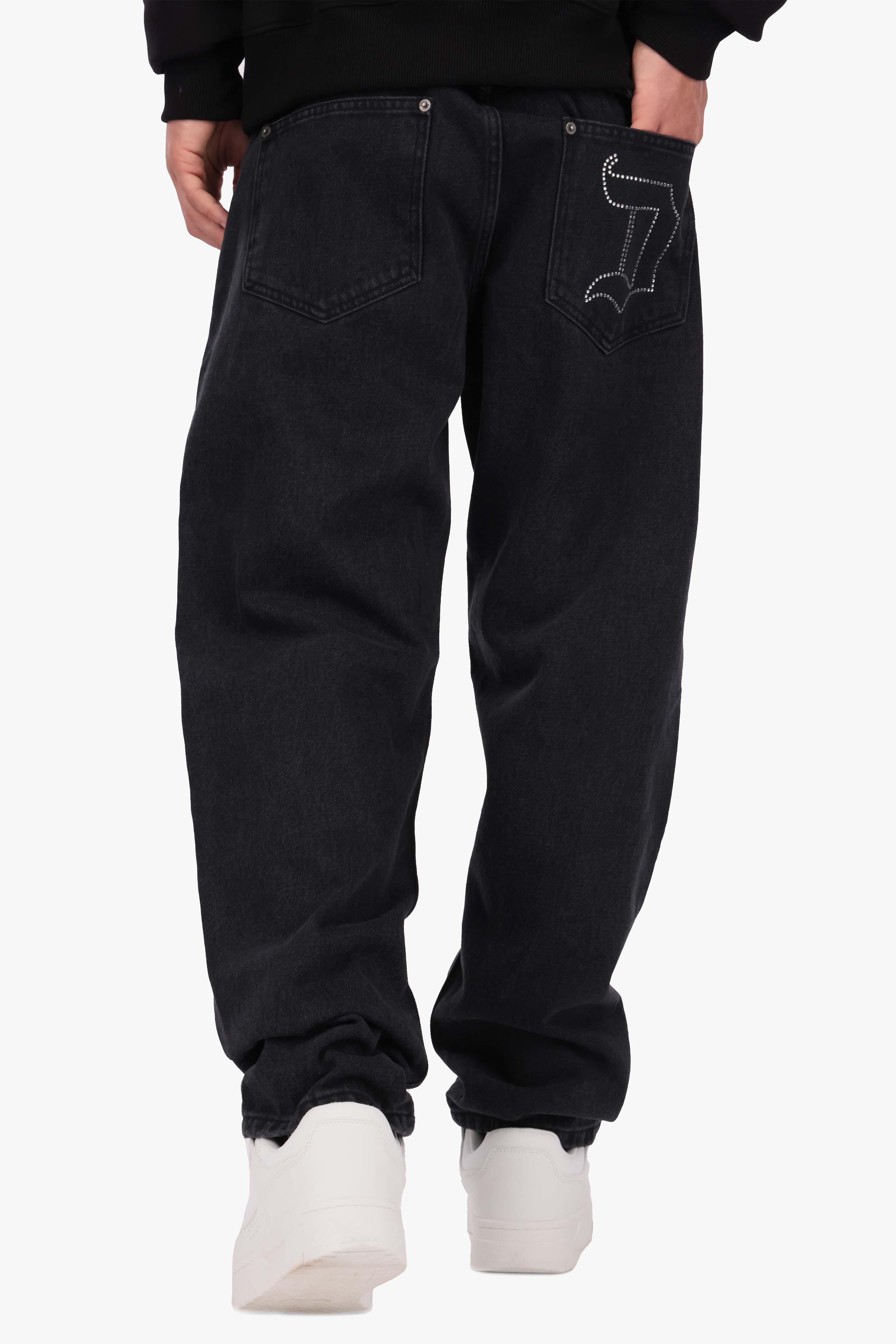 LOOSE FIT RHINESTONE LOGO JEANS WASHED GREY