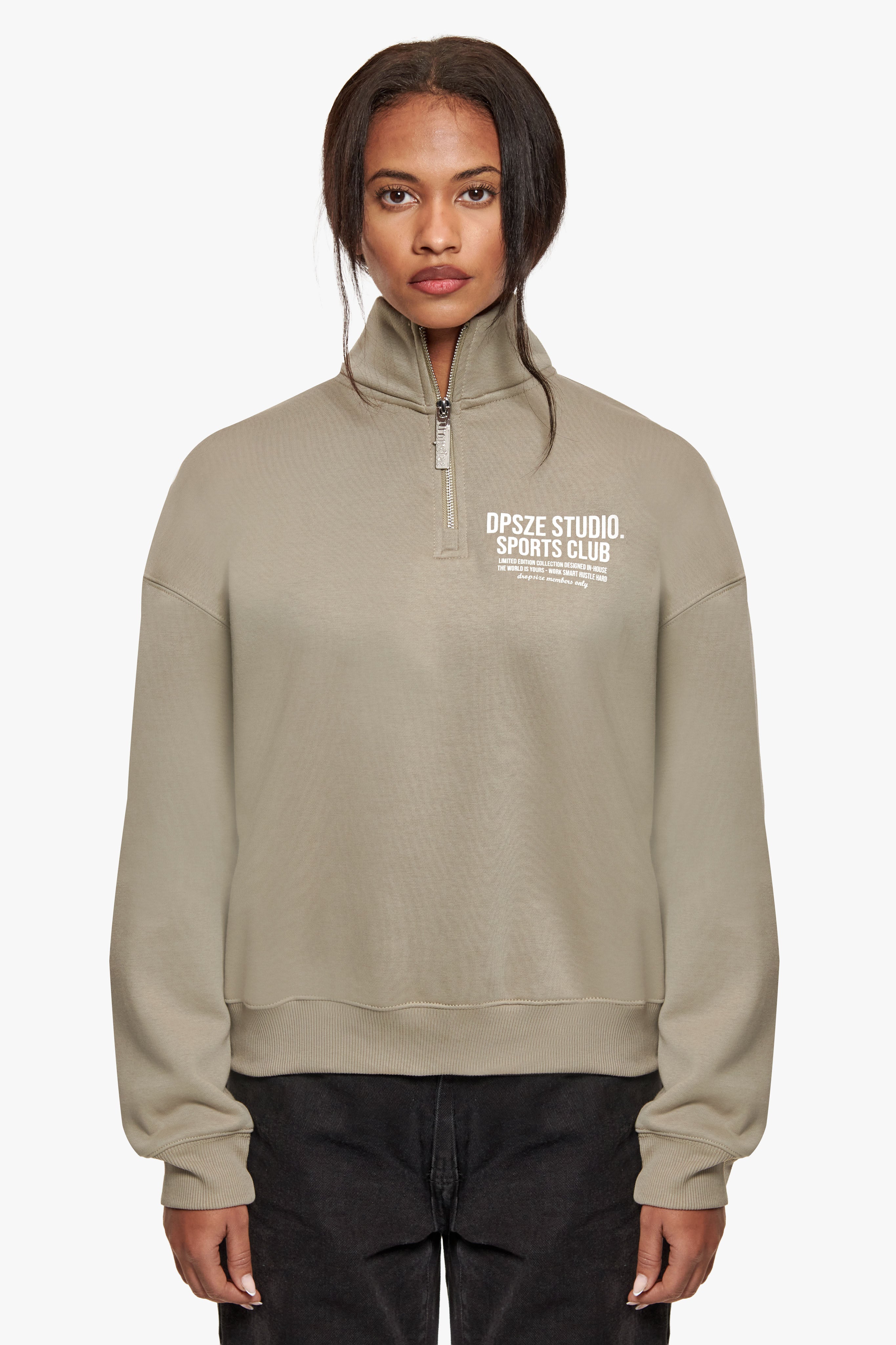 HEAVY OVERSIZED LADIES BACKPRINT HALF ZIP HOODIE KHAKI