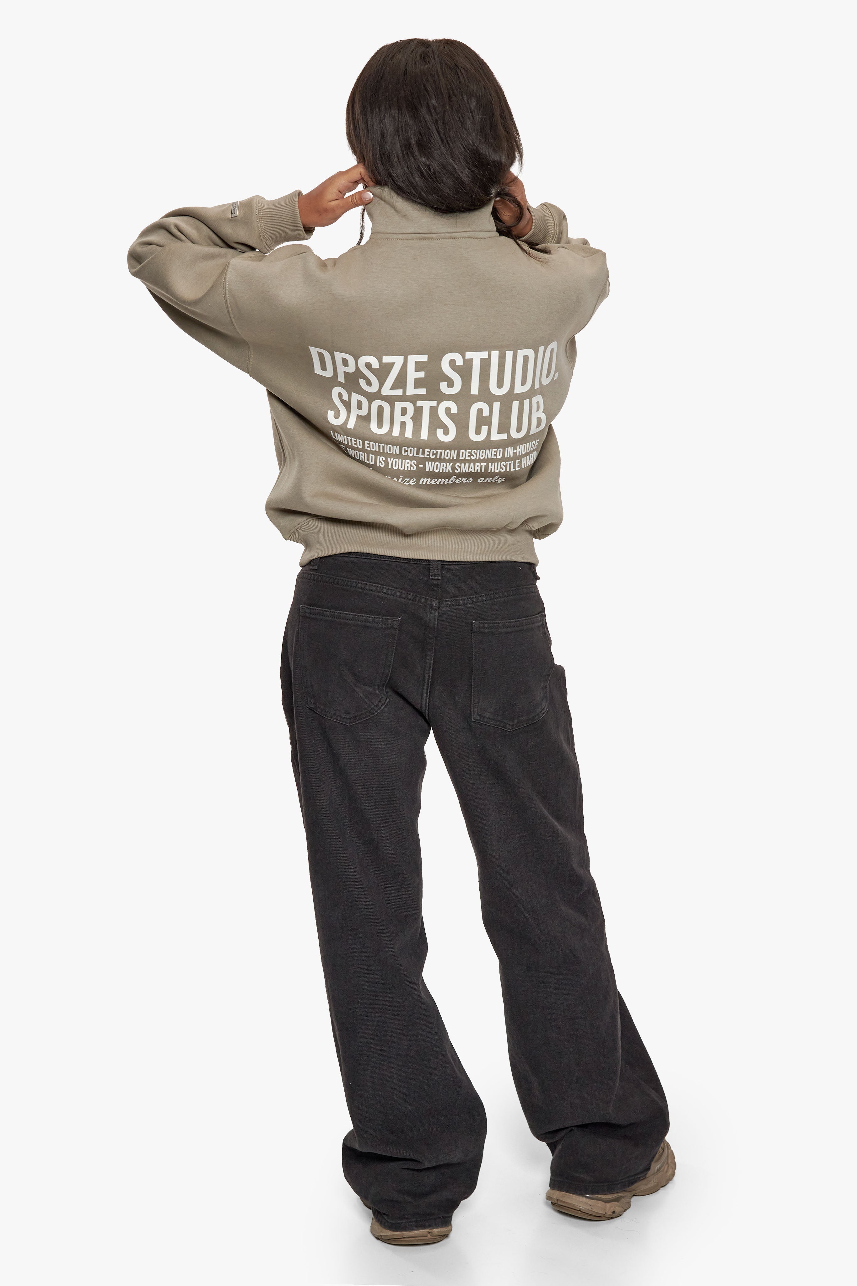 HEAVY OVERSIZED LADIES BACKPRINT HALF ZIP HOODIE KHAKI