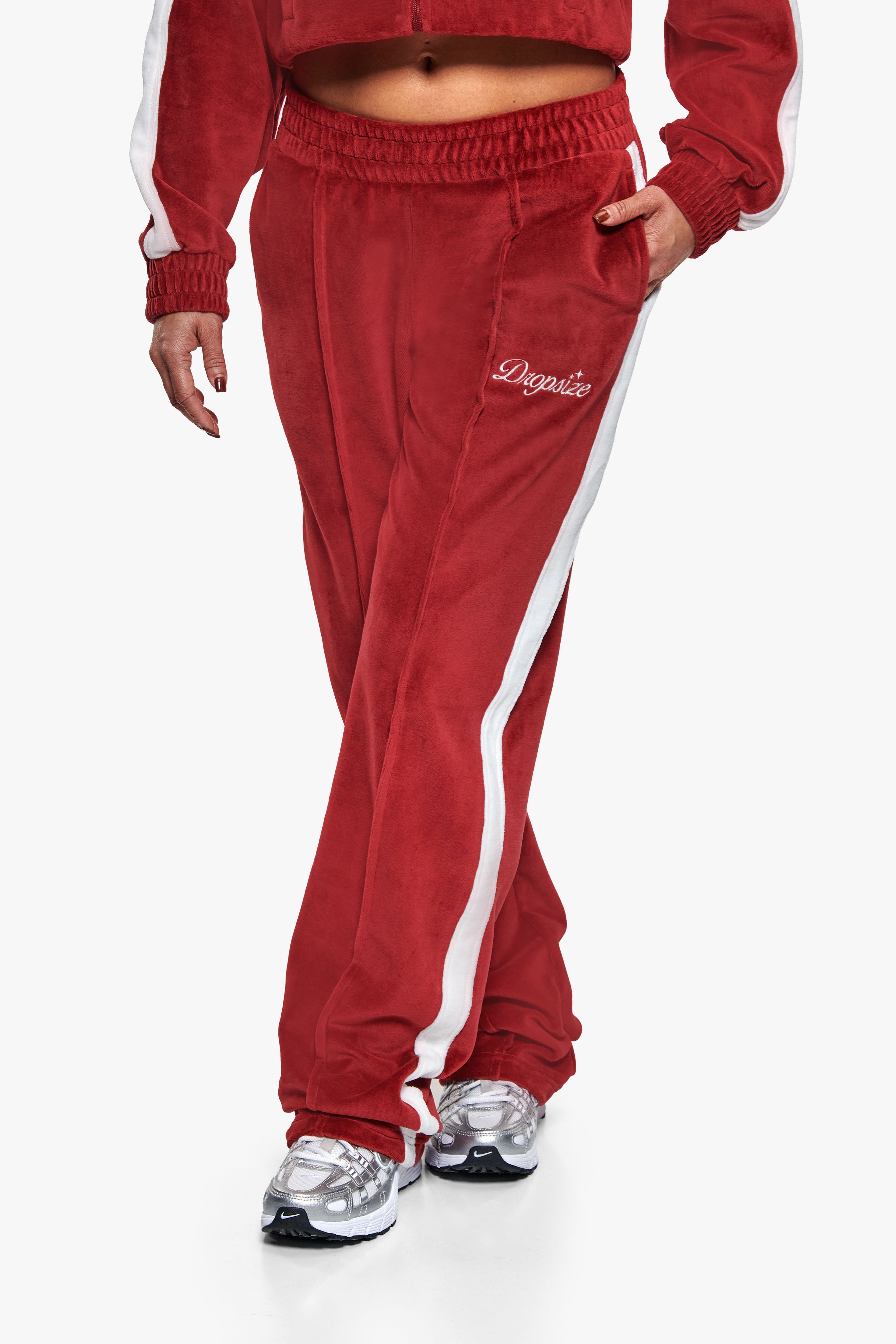 WOMEN VELVET OPEN LEG JOGGER BURGUNDY RED