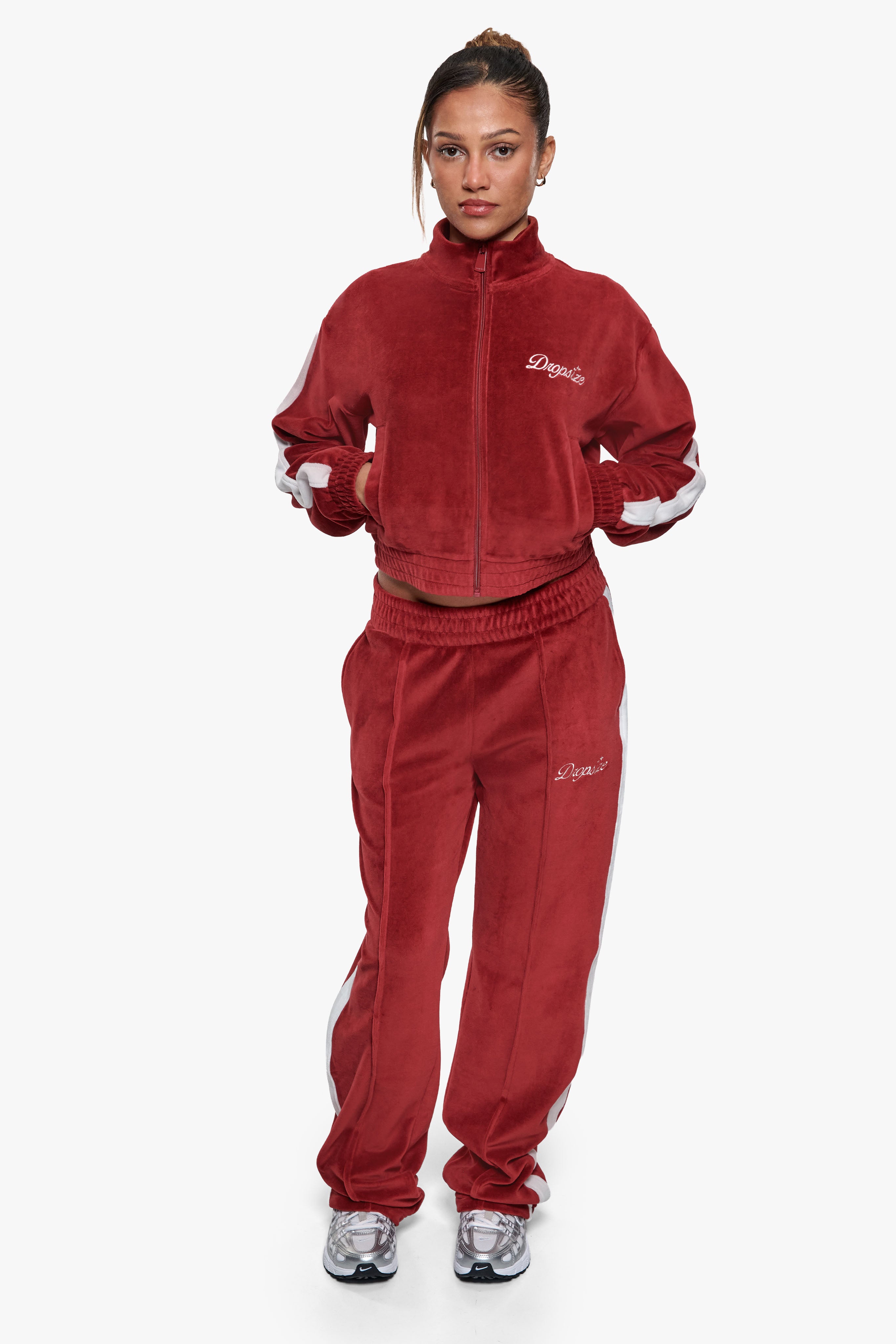 WOMEN VELVET OPEN LEG JOGGER BURGUNDY RED