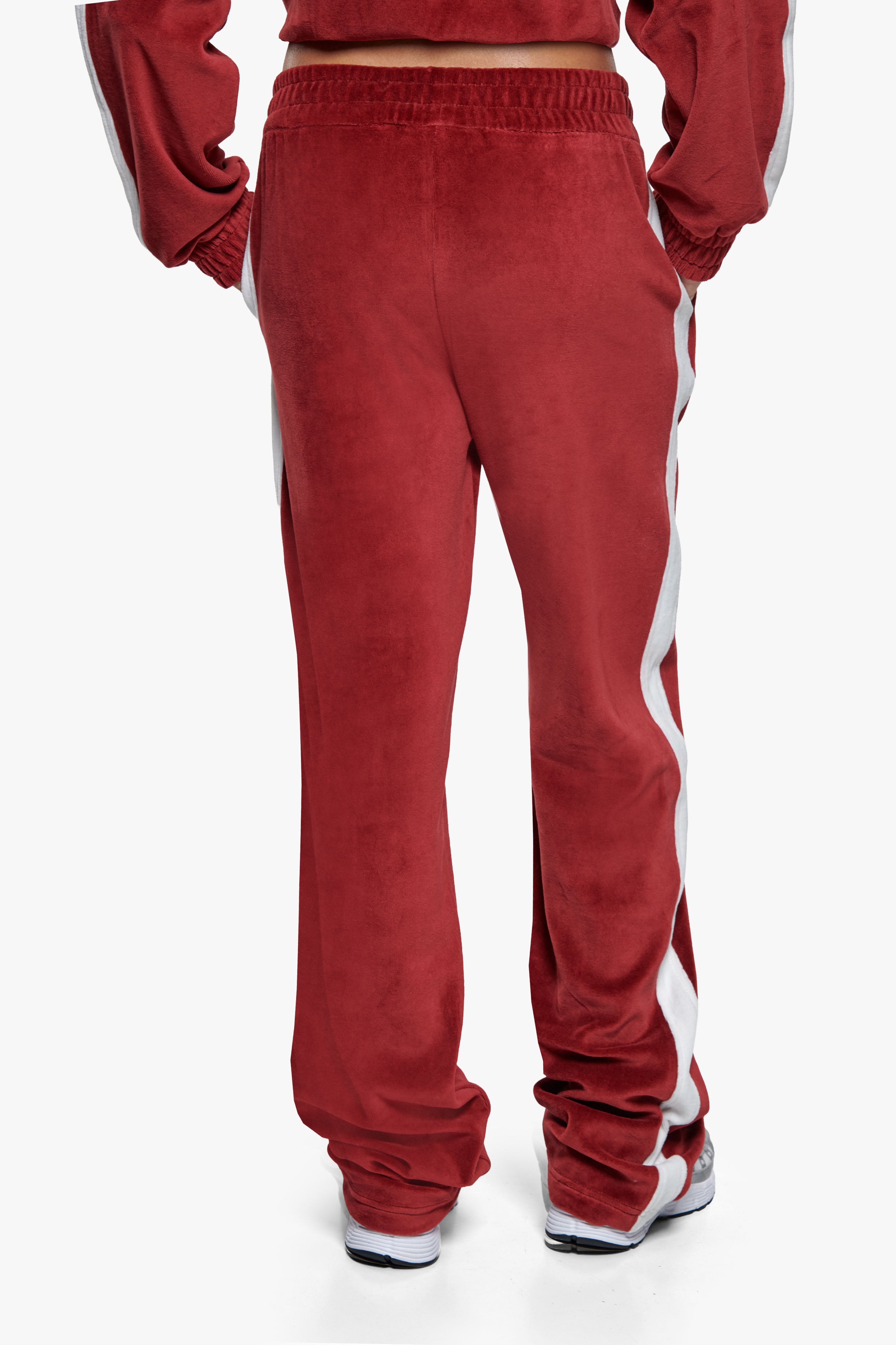 WOMEN VELVET OPEN LEG JOGGER BURGUNDY RED