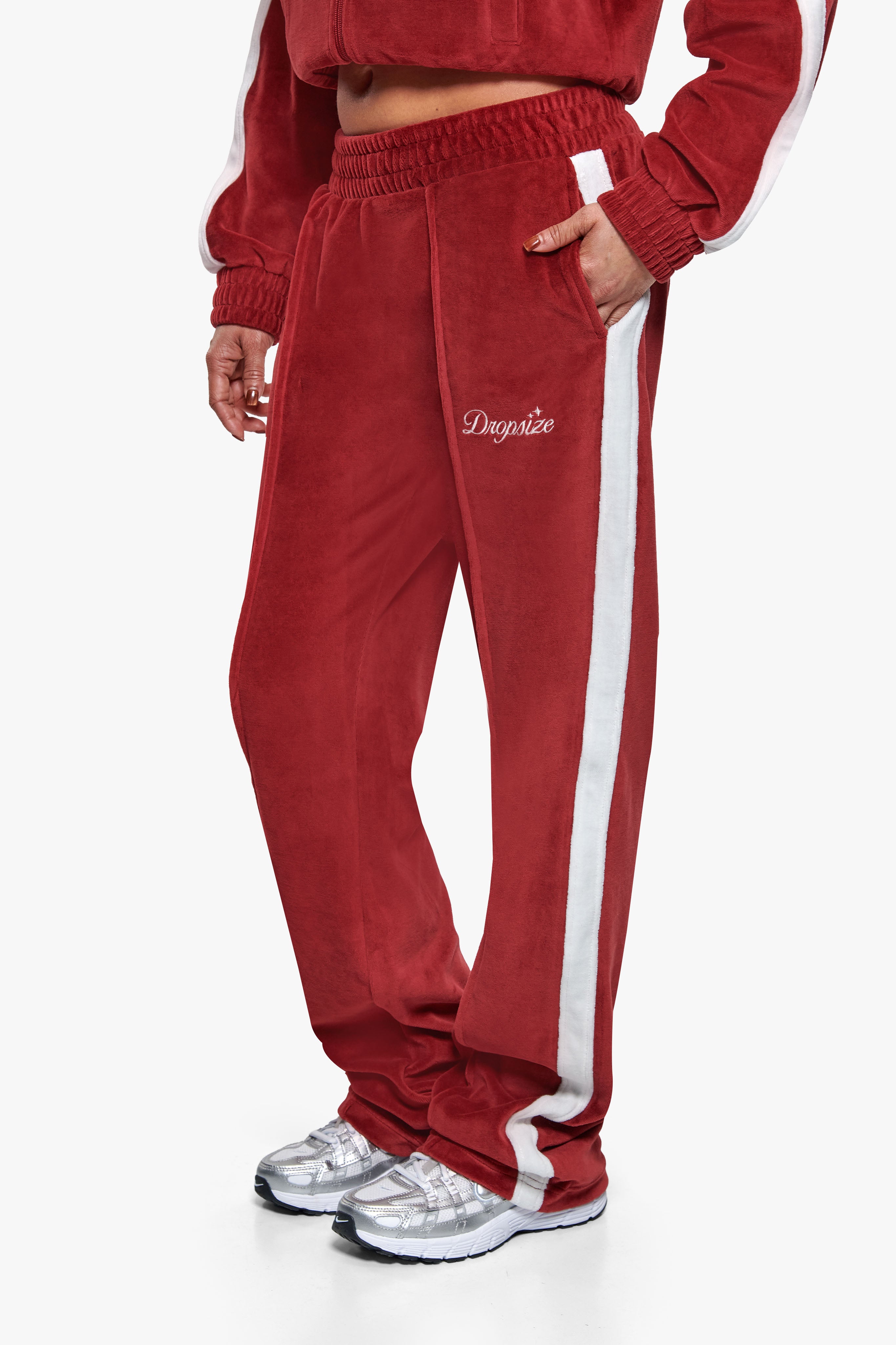 WOMEN VELVET OPEN LEG JOGGER BURGUNDY RED
