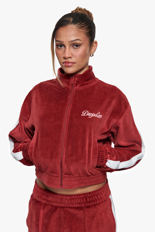 WOMEN VELVET ZIP JACKET BURGUNDY RED