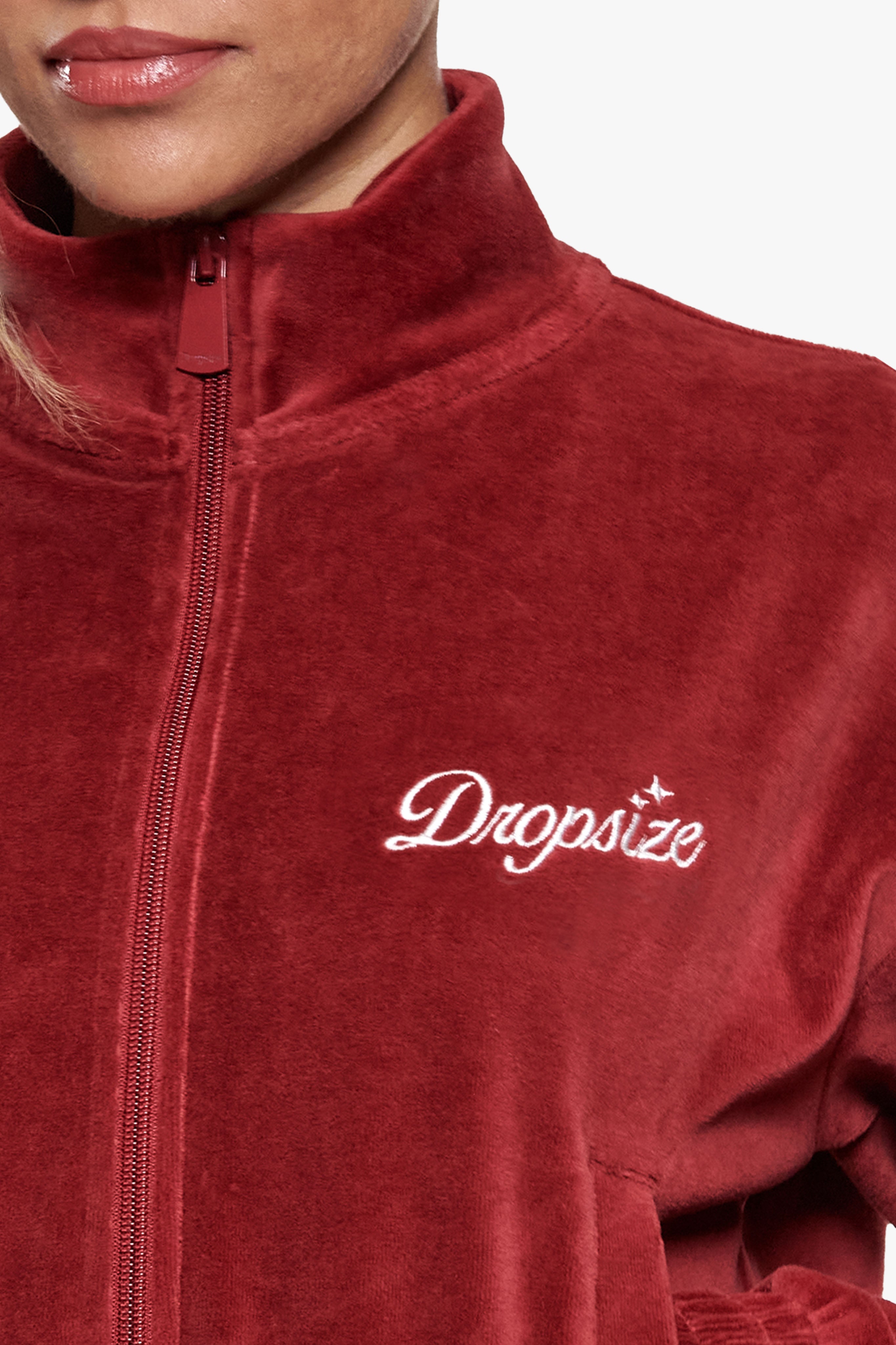 WOMEN VELVET ZIP JACKET BURGUNDY RED