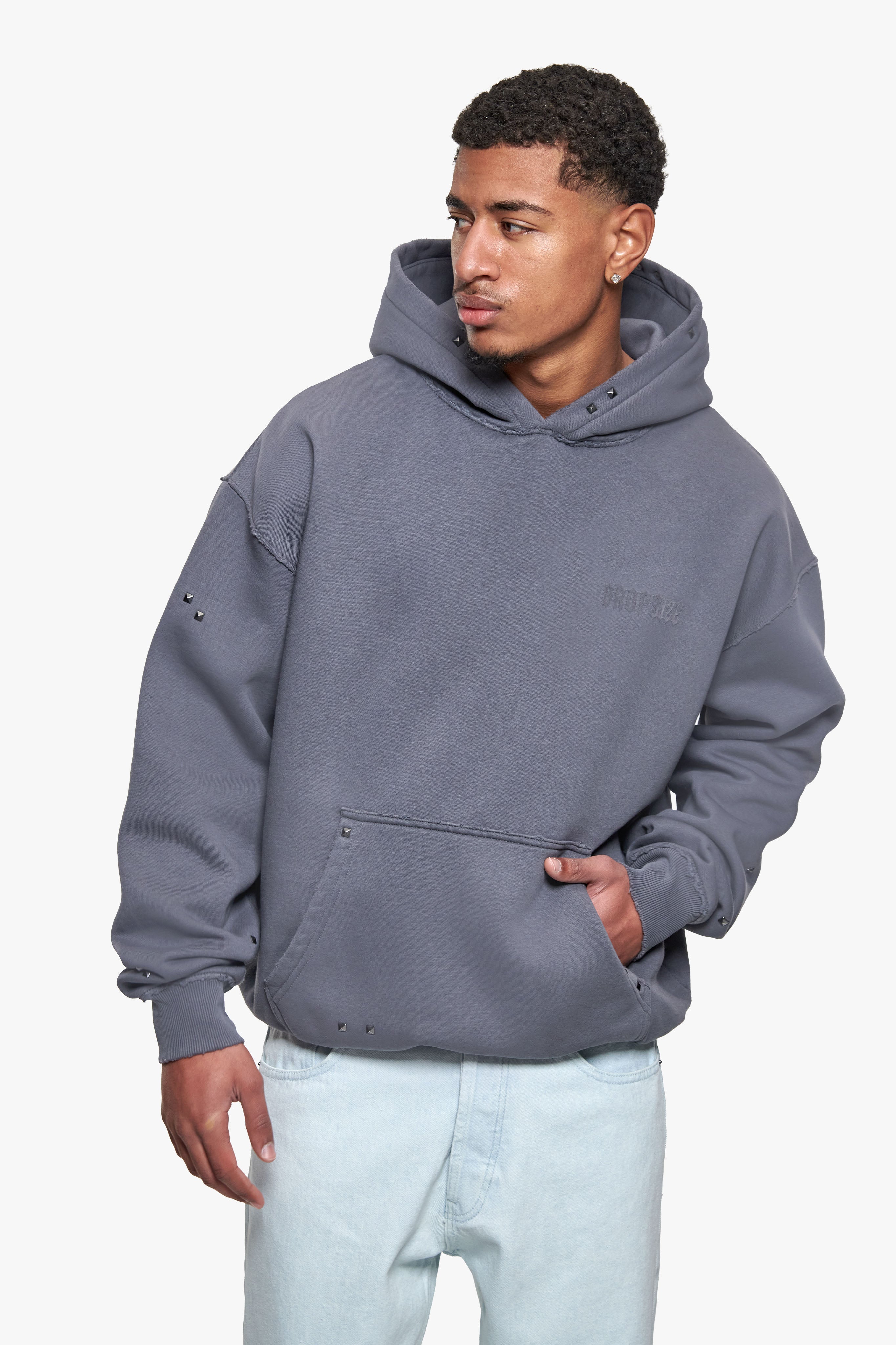 STRONG RIVETS HOODIE WASHED STEEL GREY