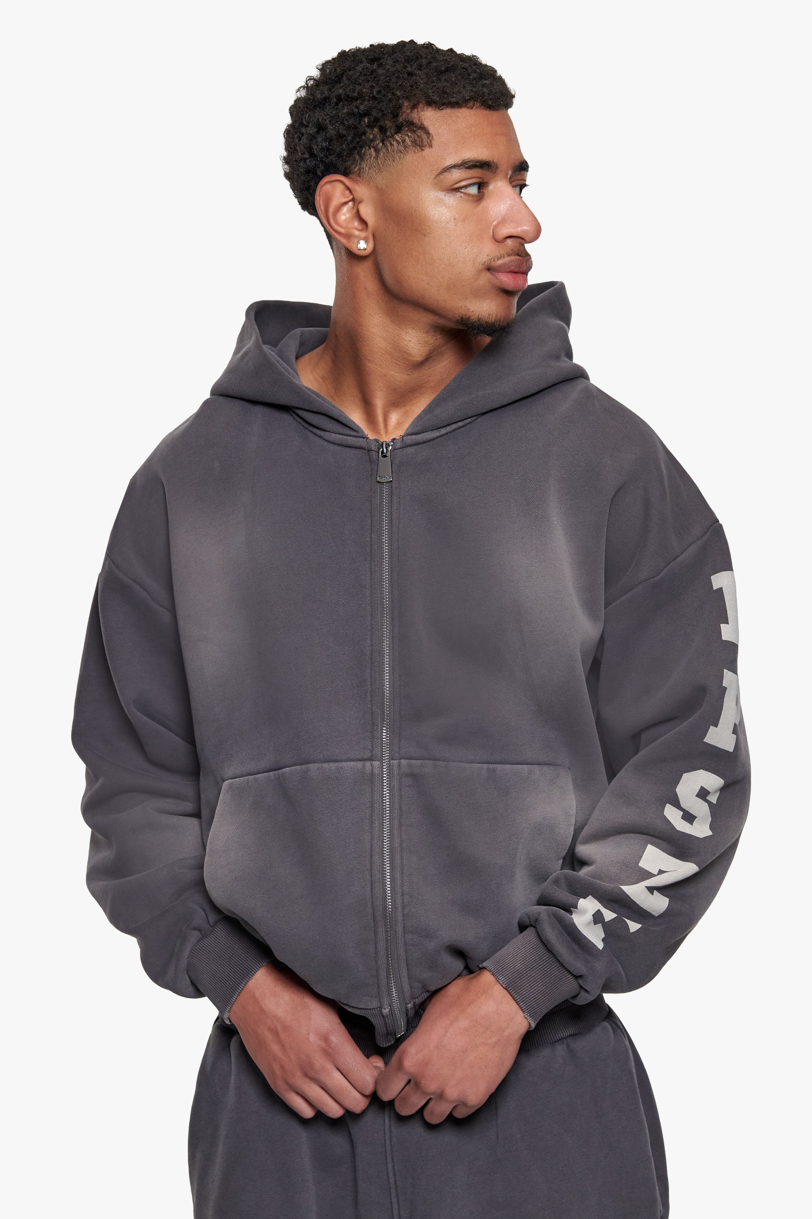 SPRAY ZIP HOODIE  ACID WASHED GREY