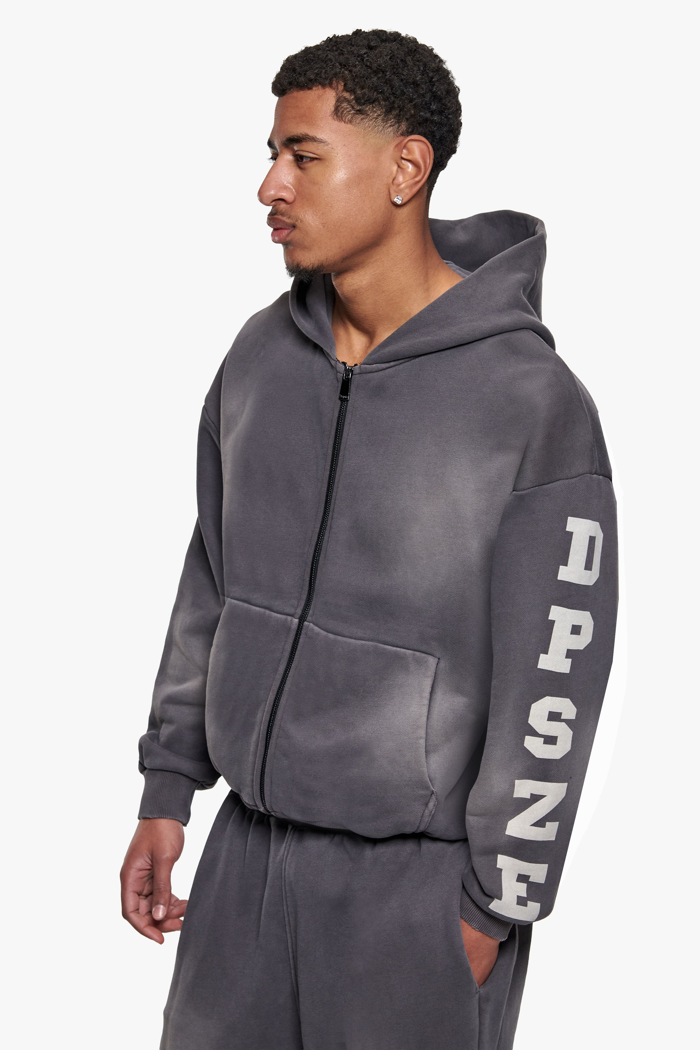 SPRAY ZIP HOODIE  ACID WASHED GREY