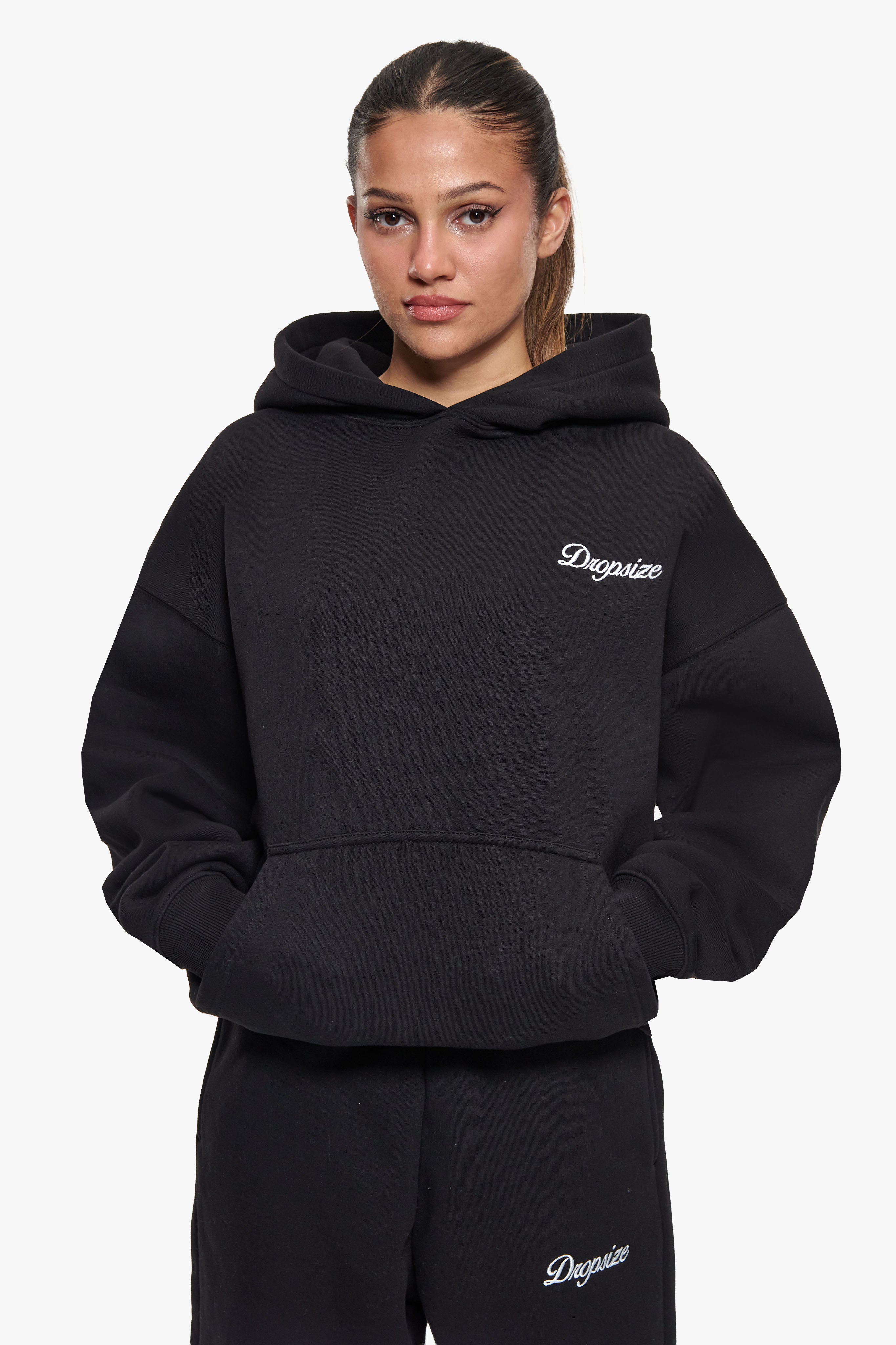 WOMEN CONTRAST EMBO HOODIE BLACK