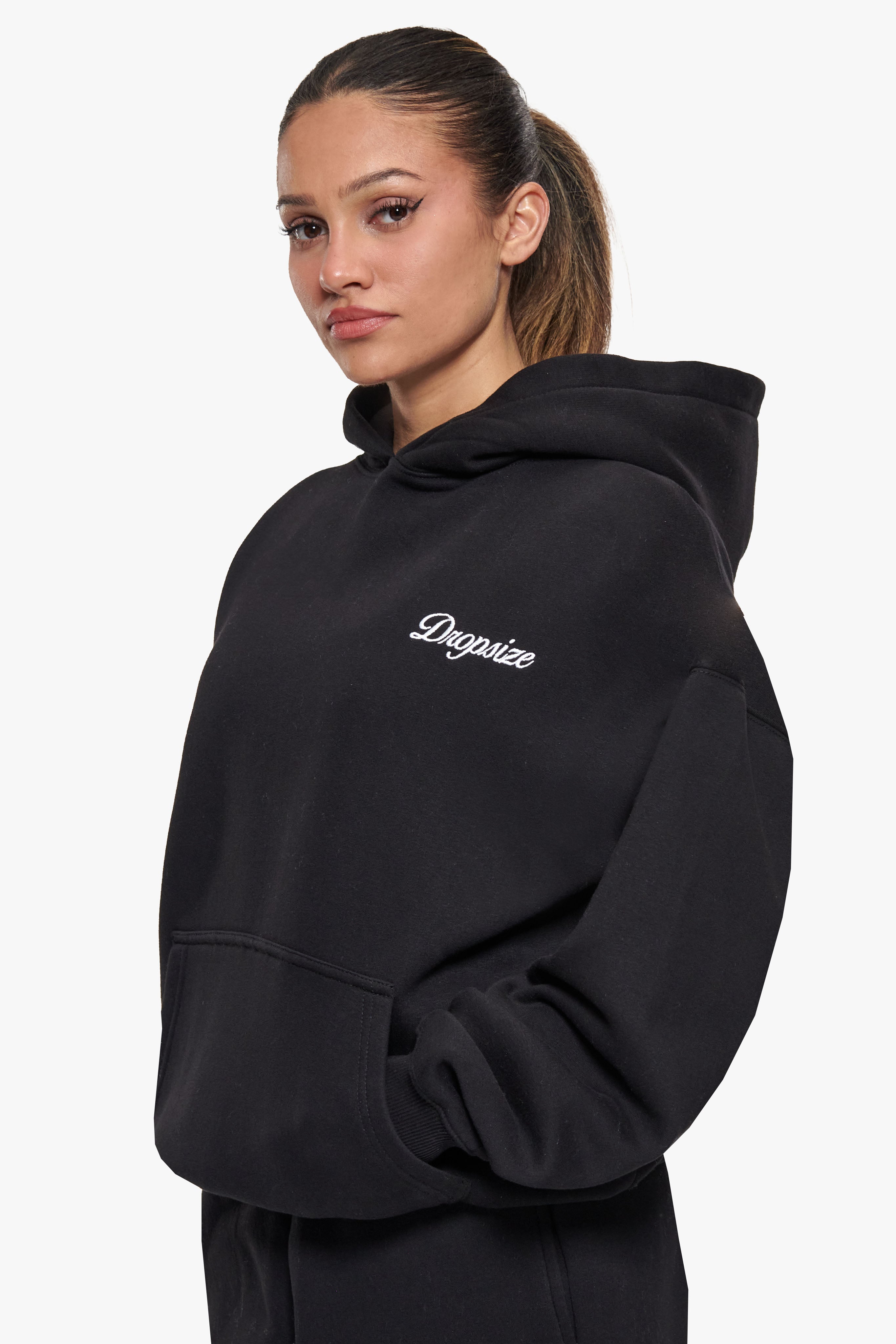 WOMEN CONTRAST EMBO HOODIE BLACK
