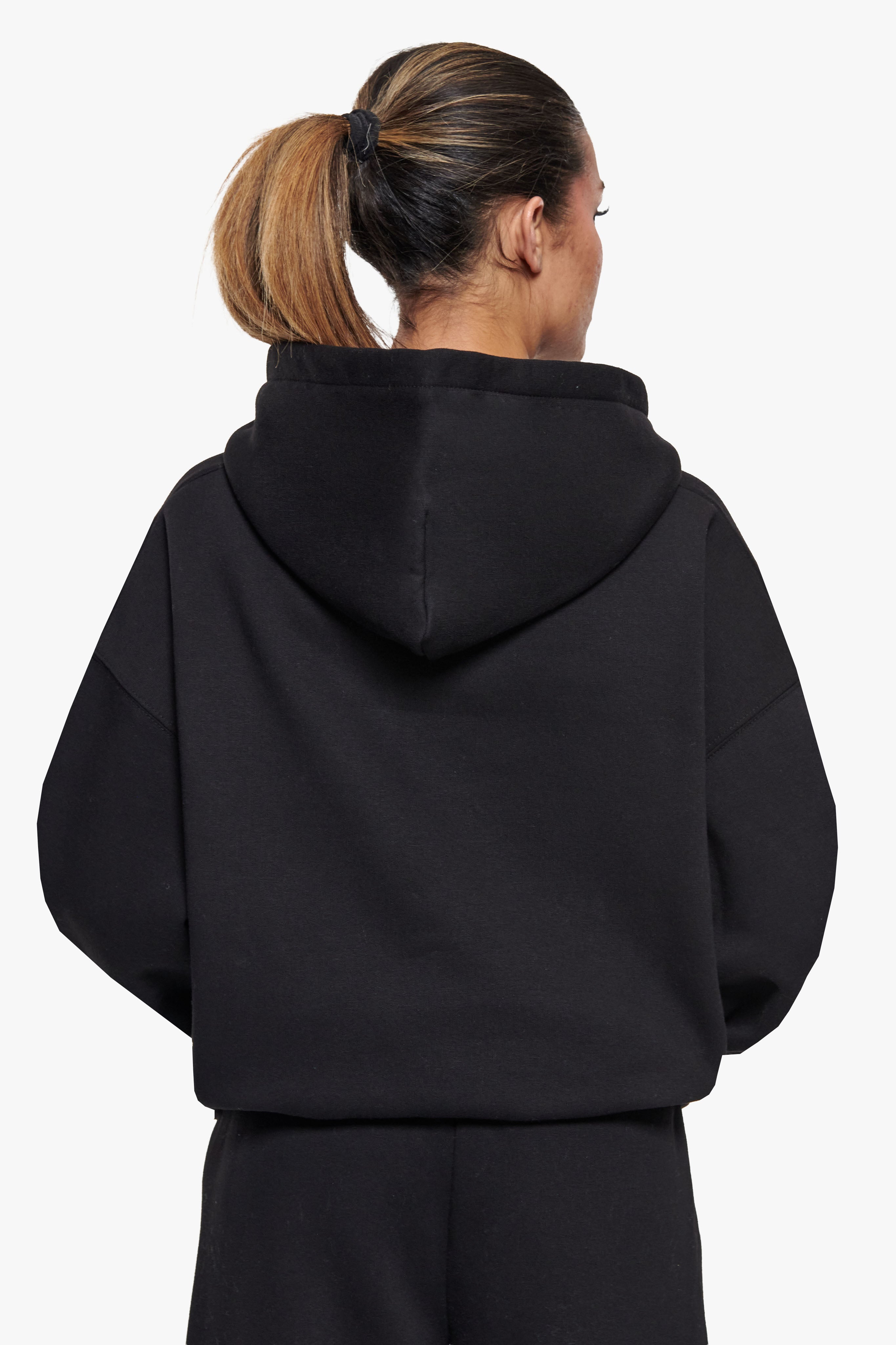 WOMEN CONTRAST EMBO HOODIE BLACK