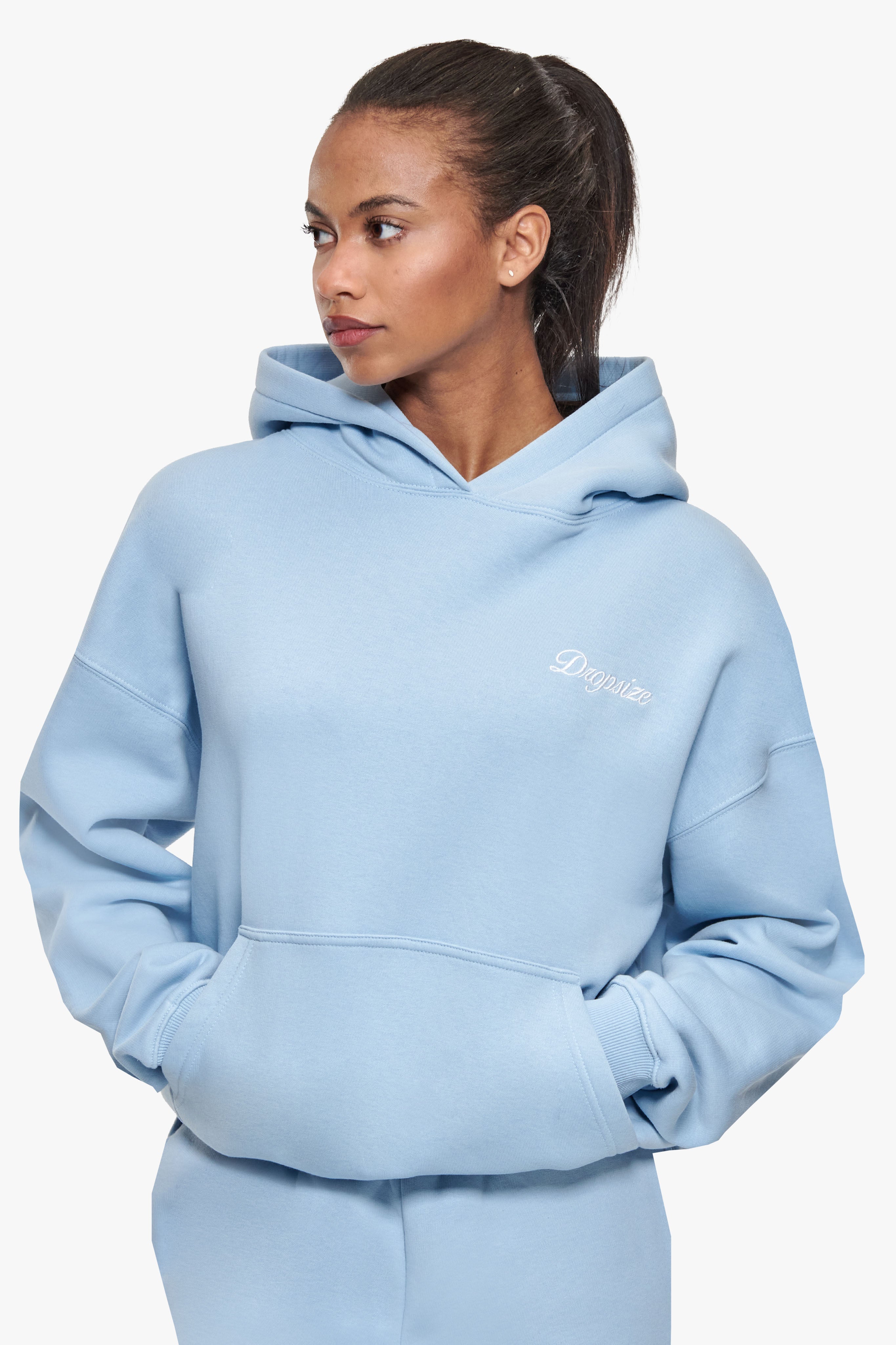 WOMEN CONTRAST EMBO HOODIE BABY BLUE