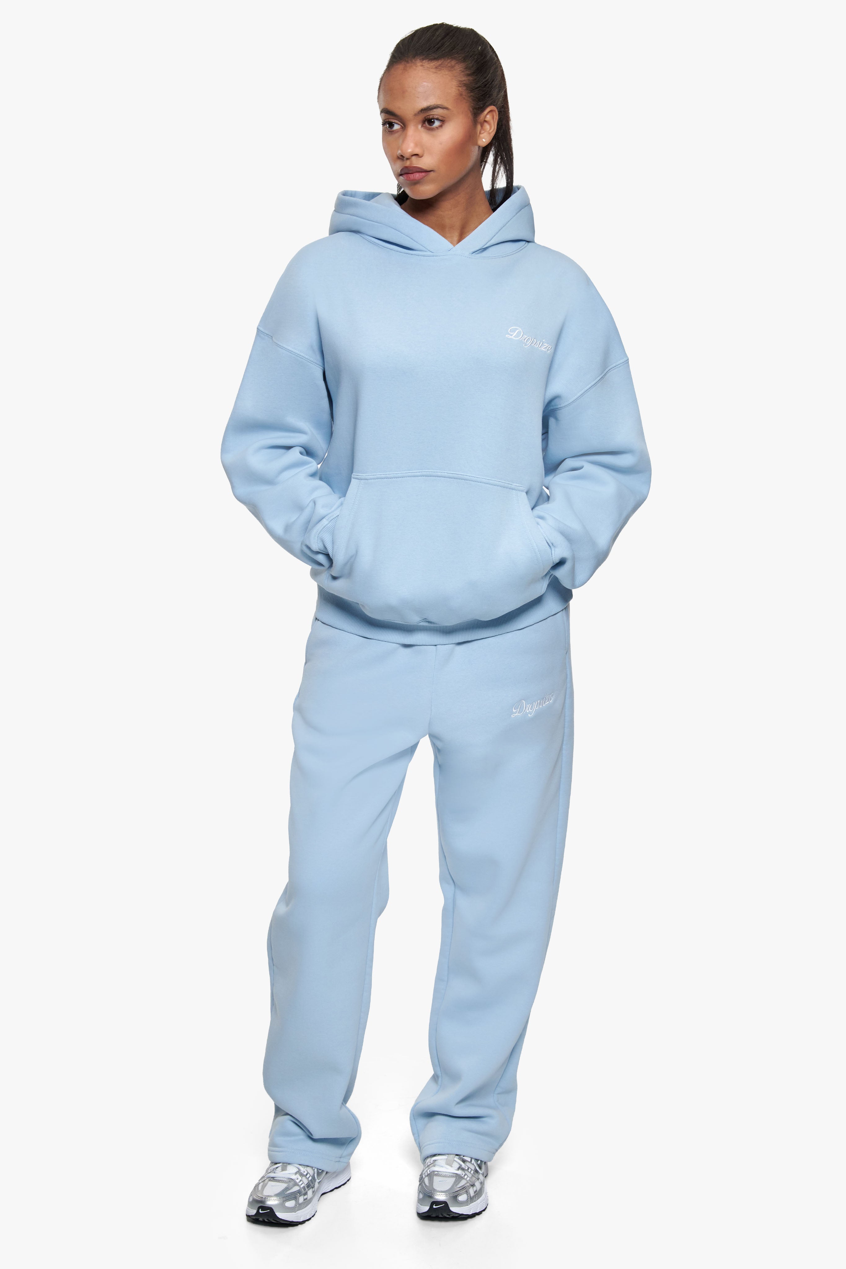 WOMEN CONTRAST EMBO HOODIE BABY BLUE