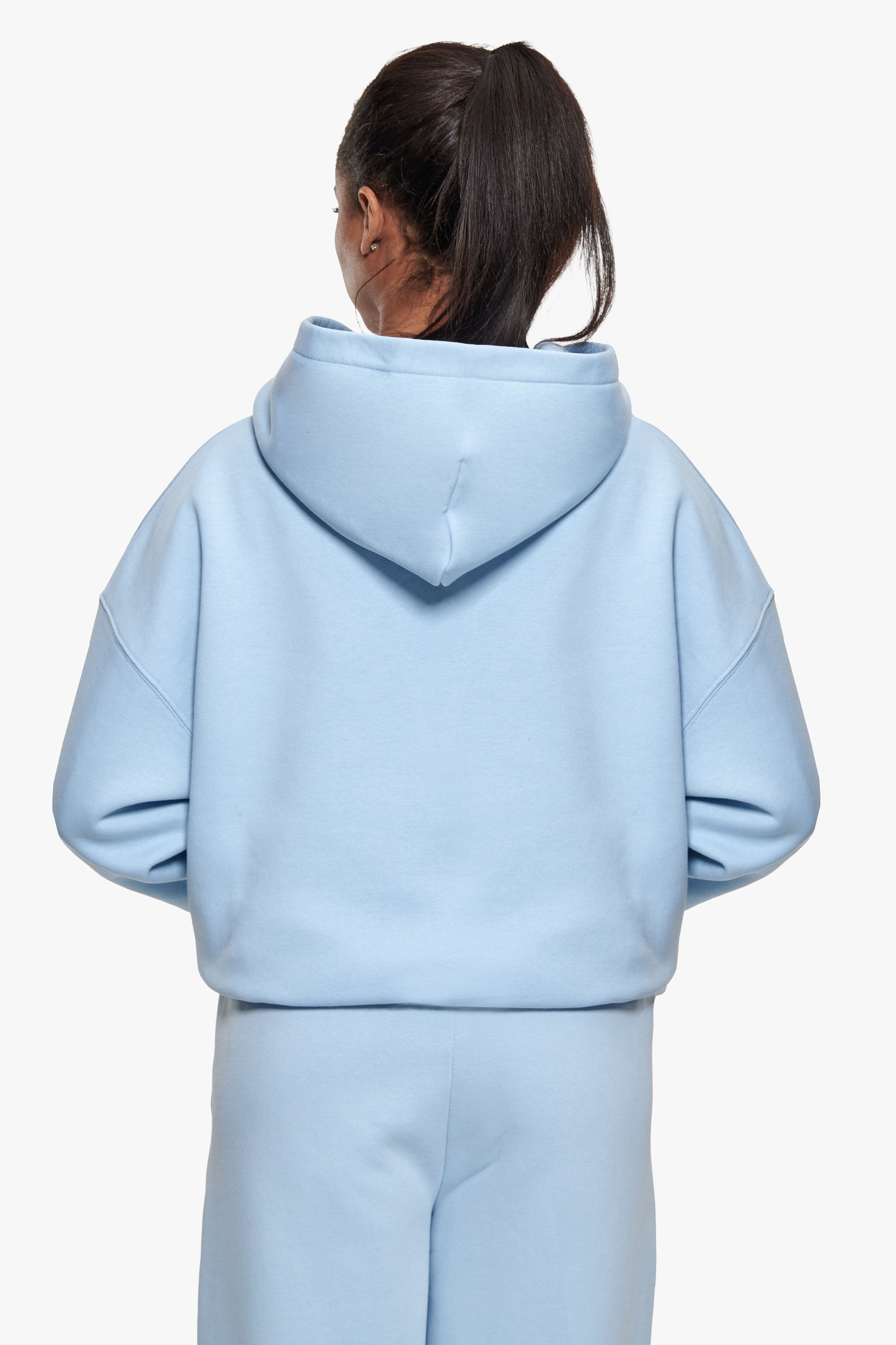 WOMEN CONTRAST EMBO HOODIE BABY BLUE