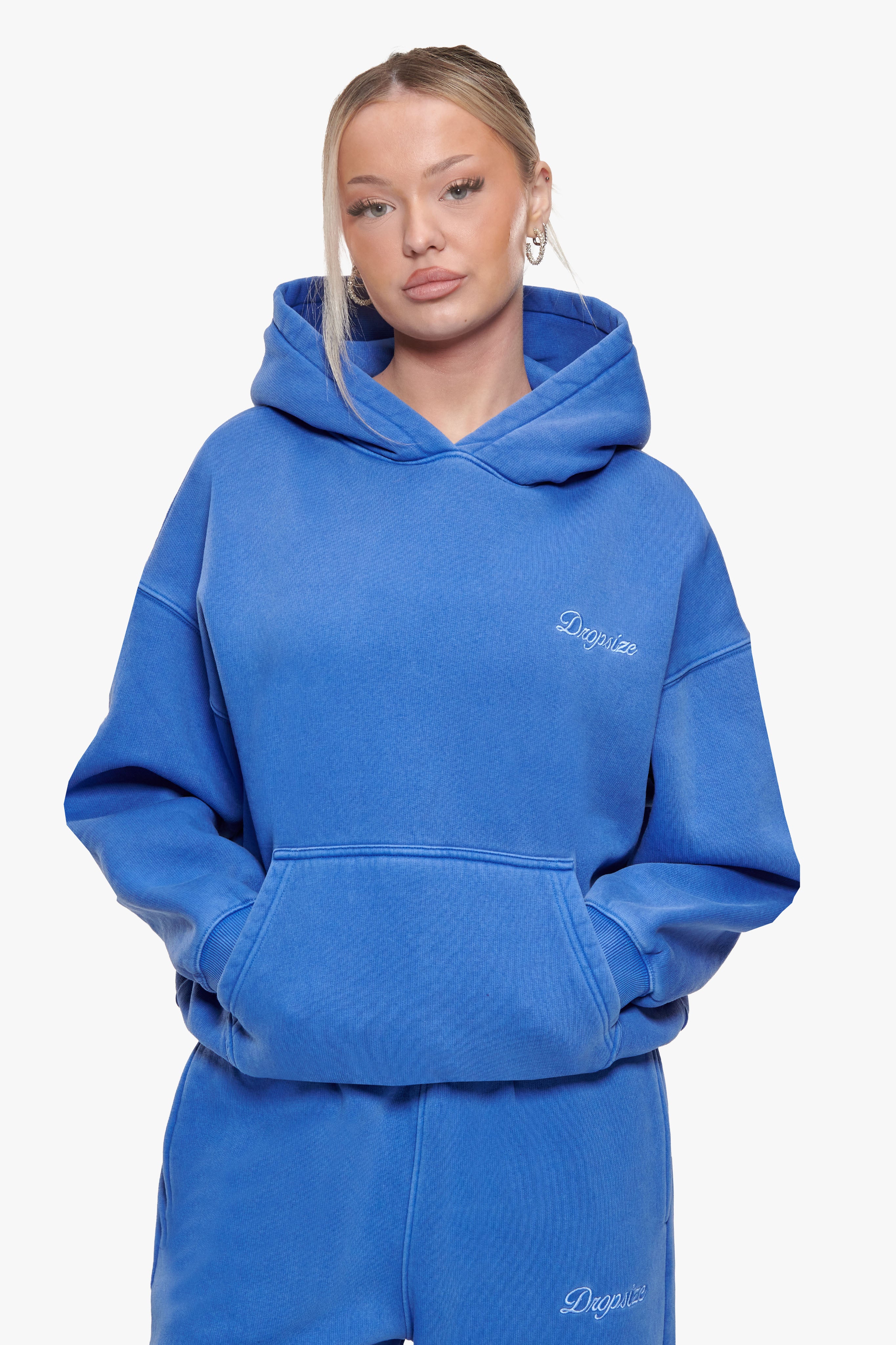 WOMEN CONTRAST EMBO HOODIE WASHED BLUE