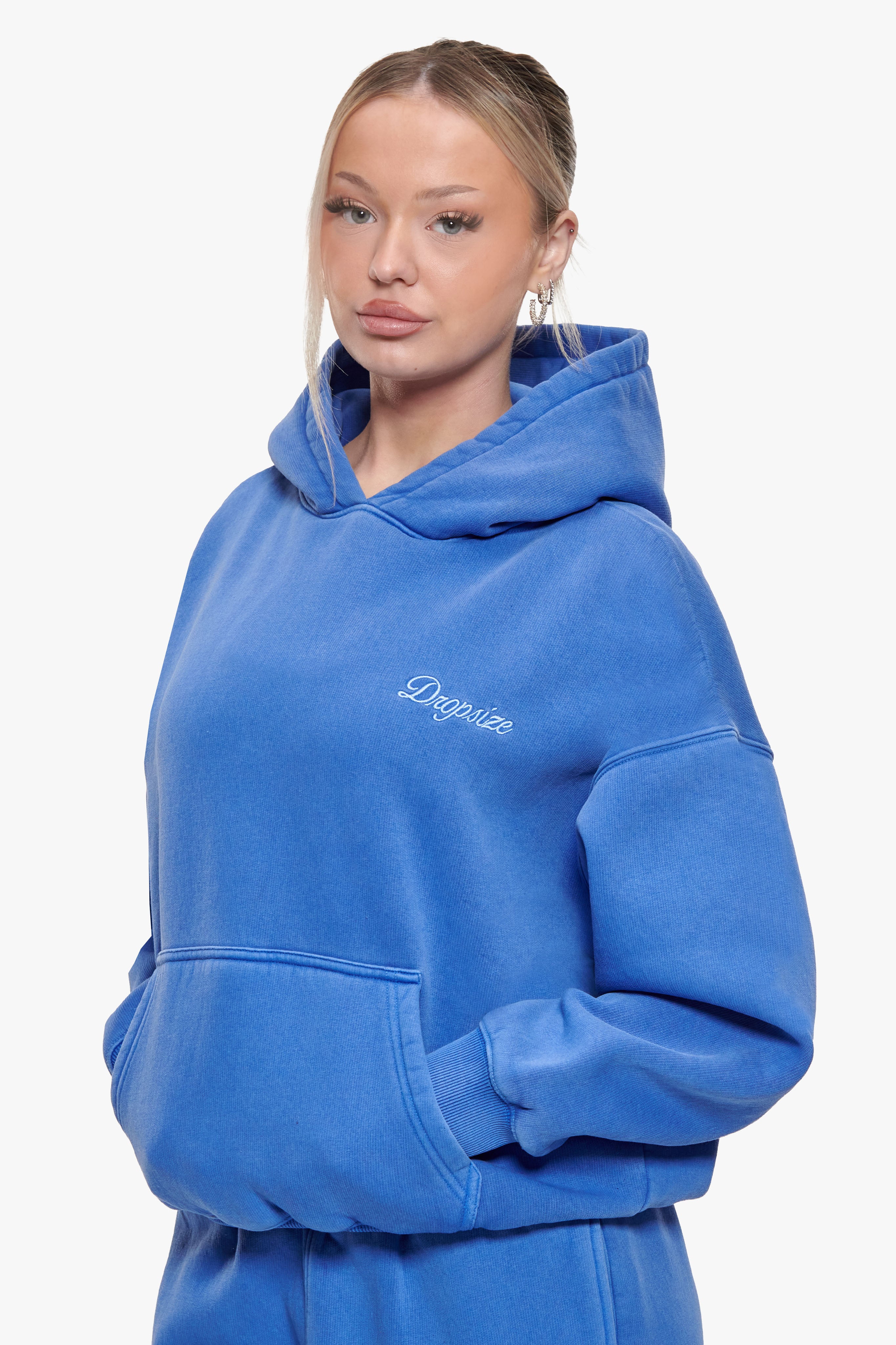 WOMEN CONTRAST EMBO HOODIE WASHED BLUE