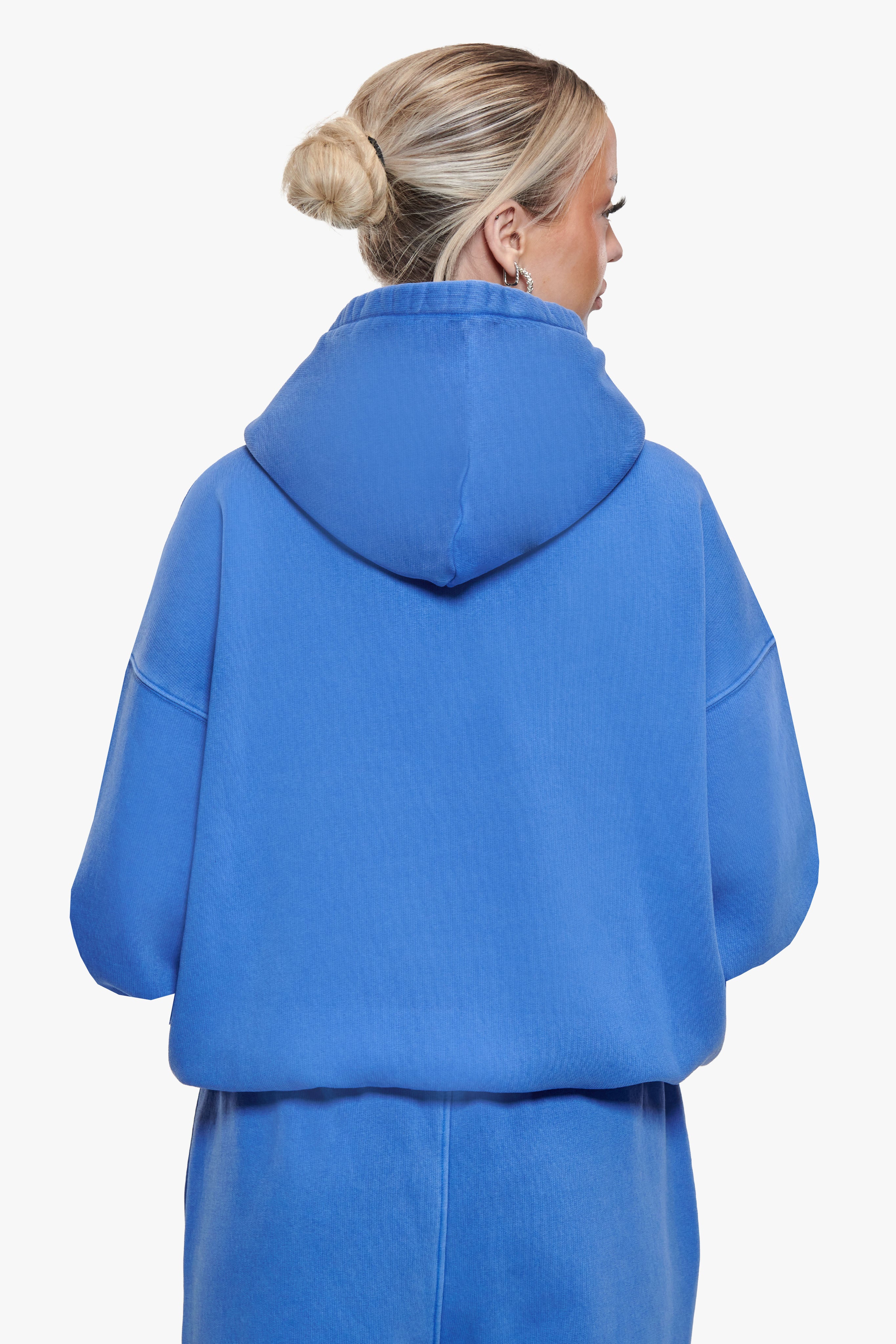 WOMEN CONTRAST EMBO HOODIE WASHED BLUE