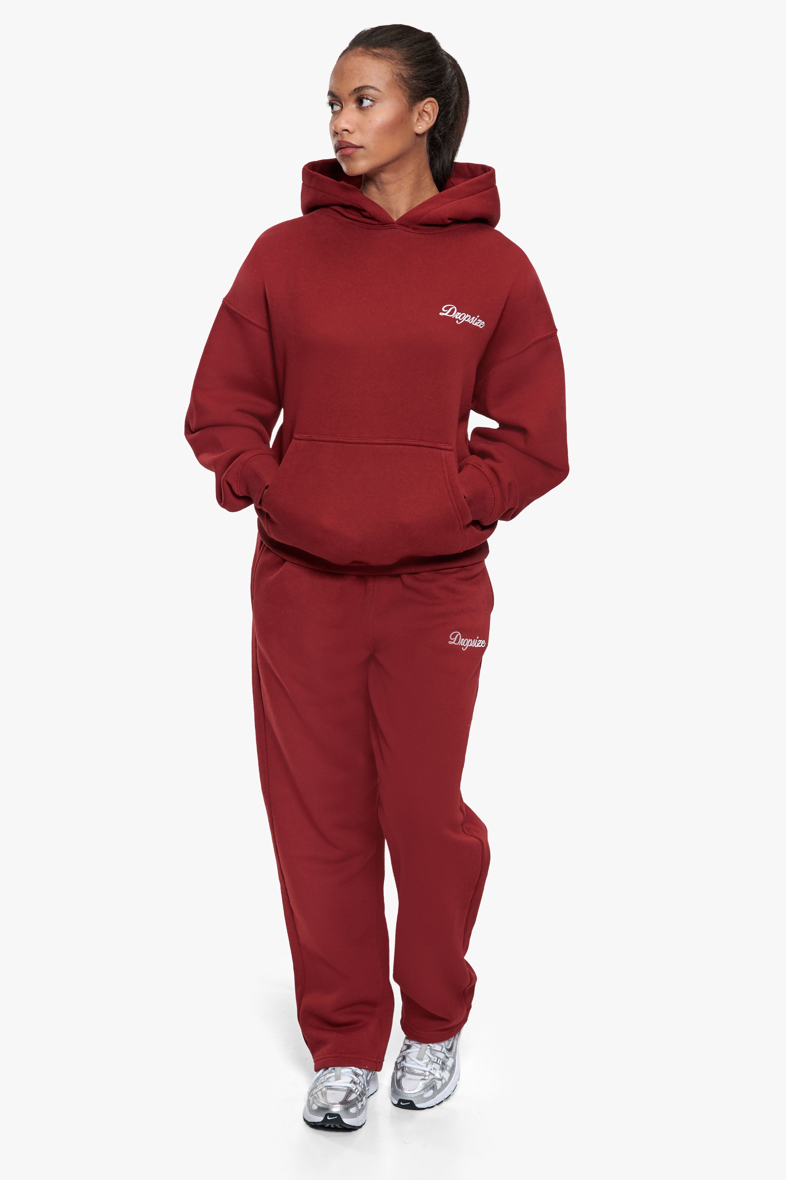WOMEN CONTRAST EMBO HOODIE CRANBERRY