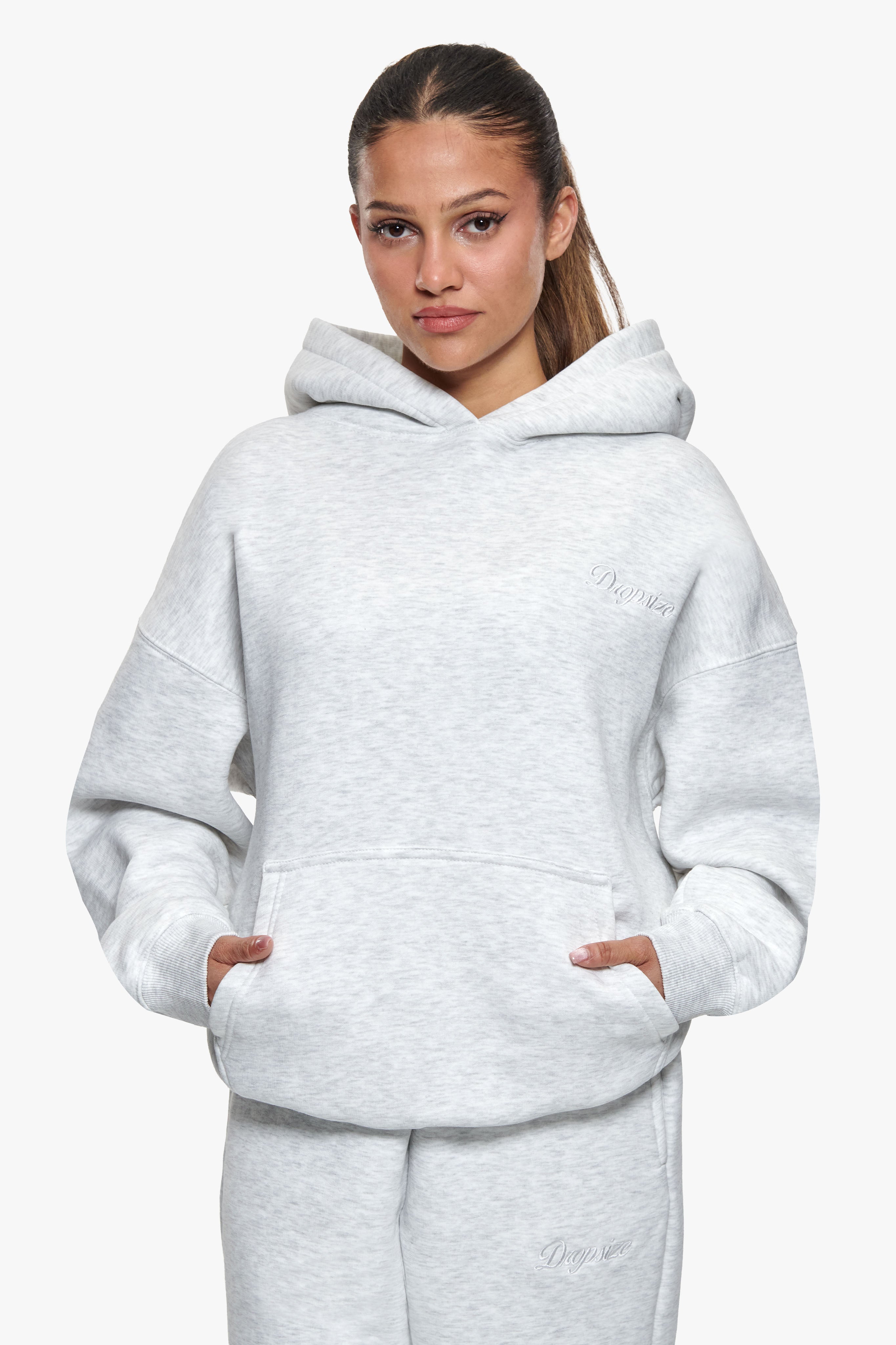 WOMEN CONTRAST EMBO HOODIE GREY MELANGE