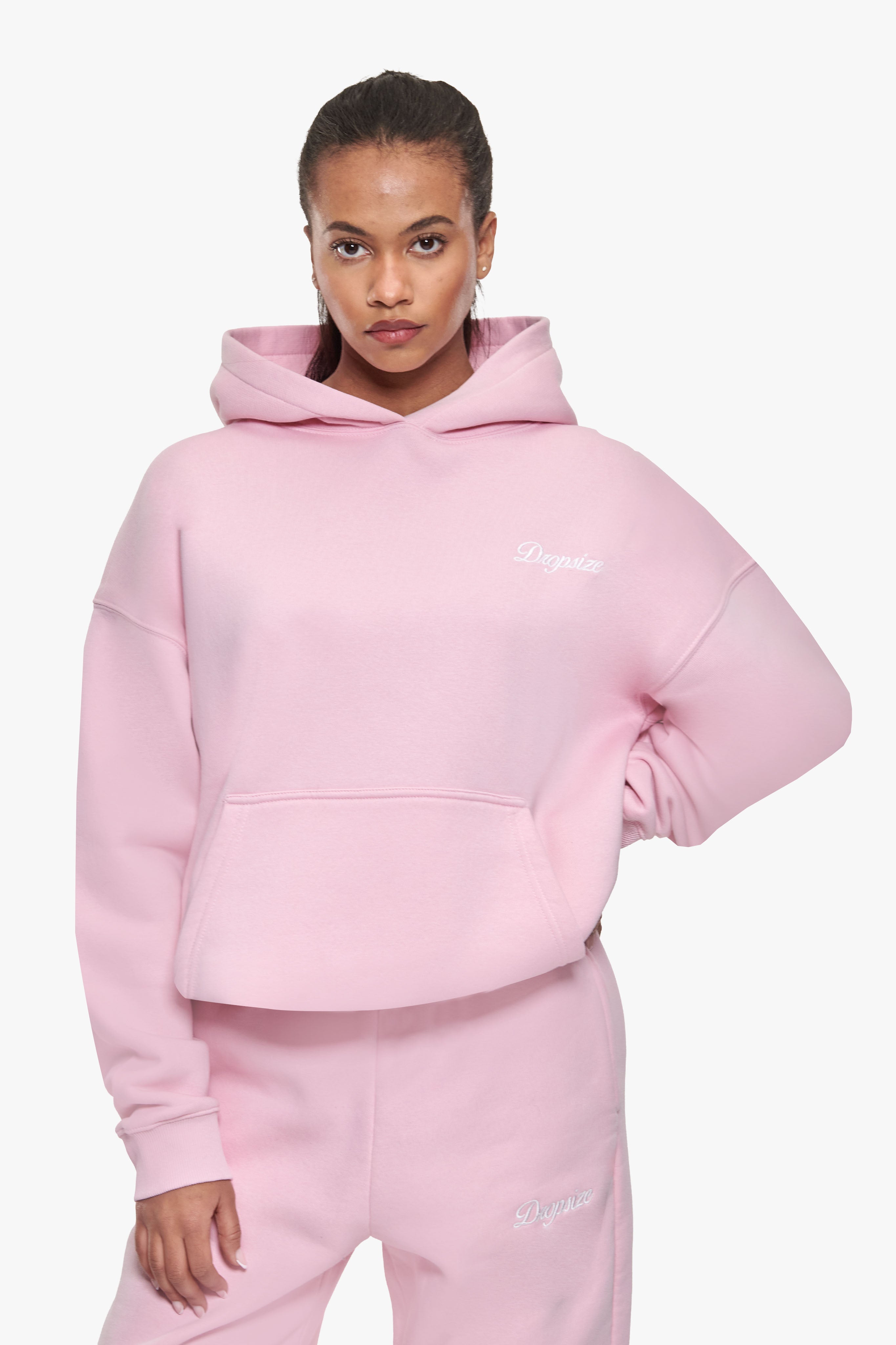 WOMEN CONTRAST EMBO HOODIE LIGHT PINK