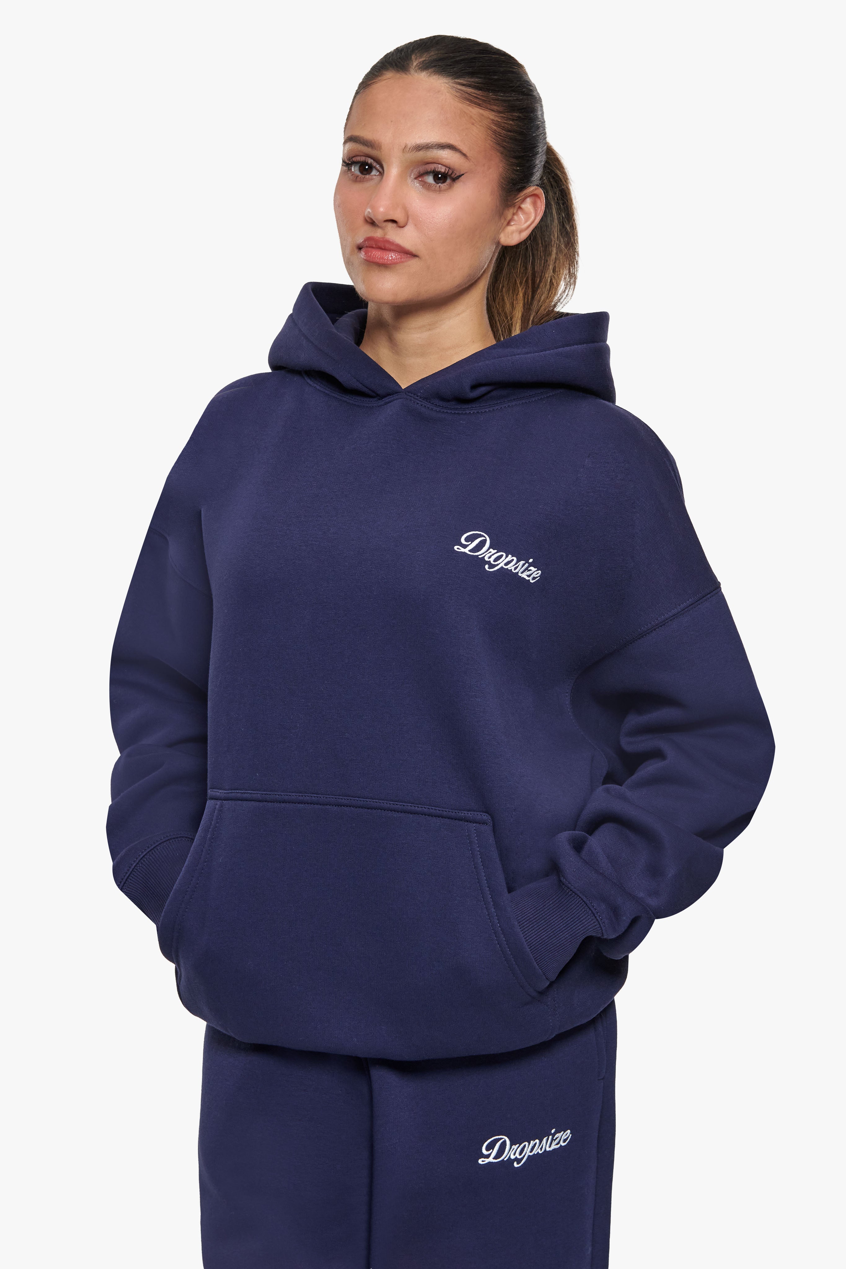 WOMEN CONTRAST EMBO HOODIE NAVY