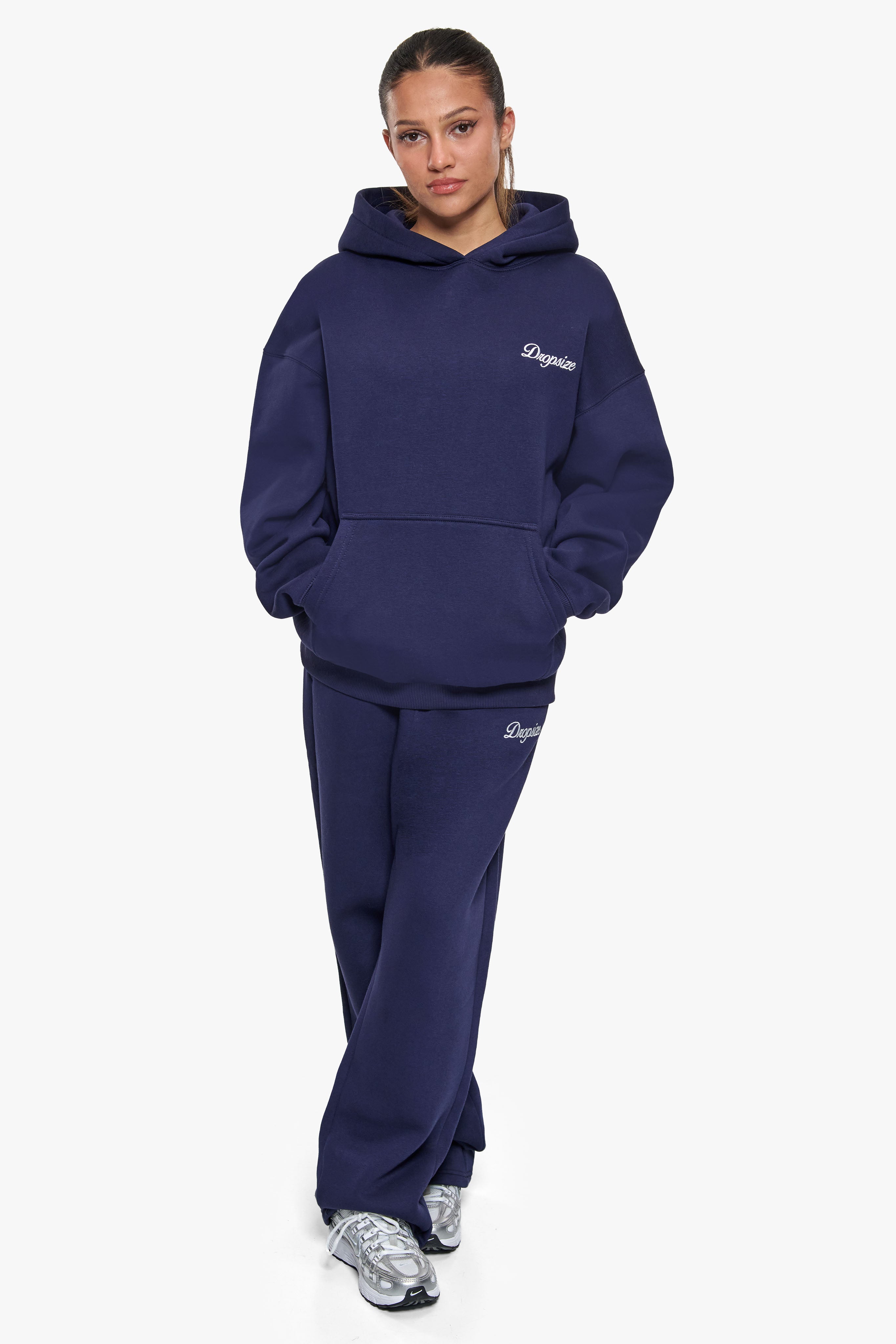 WOMEN CONTRAST EMBO HOODIE NAVY