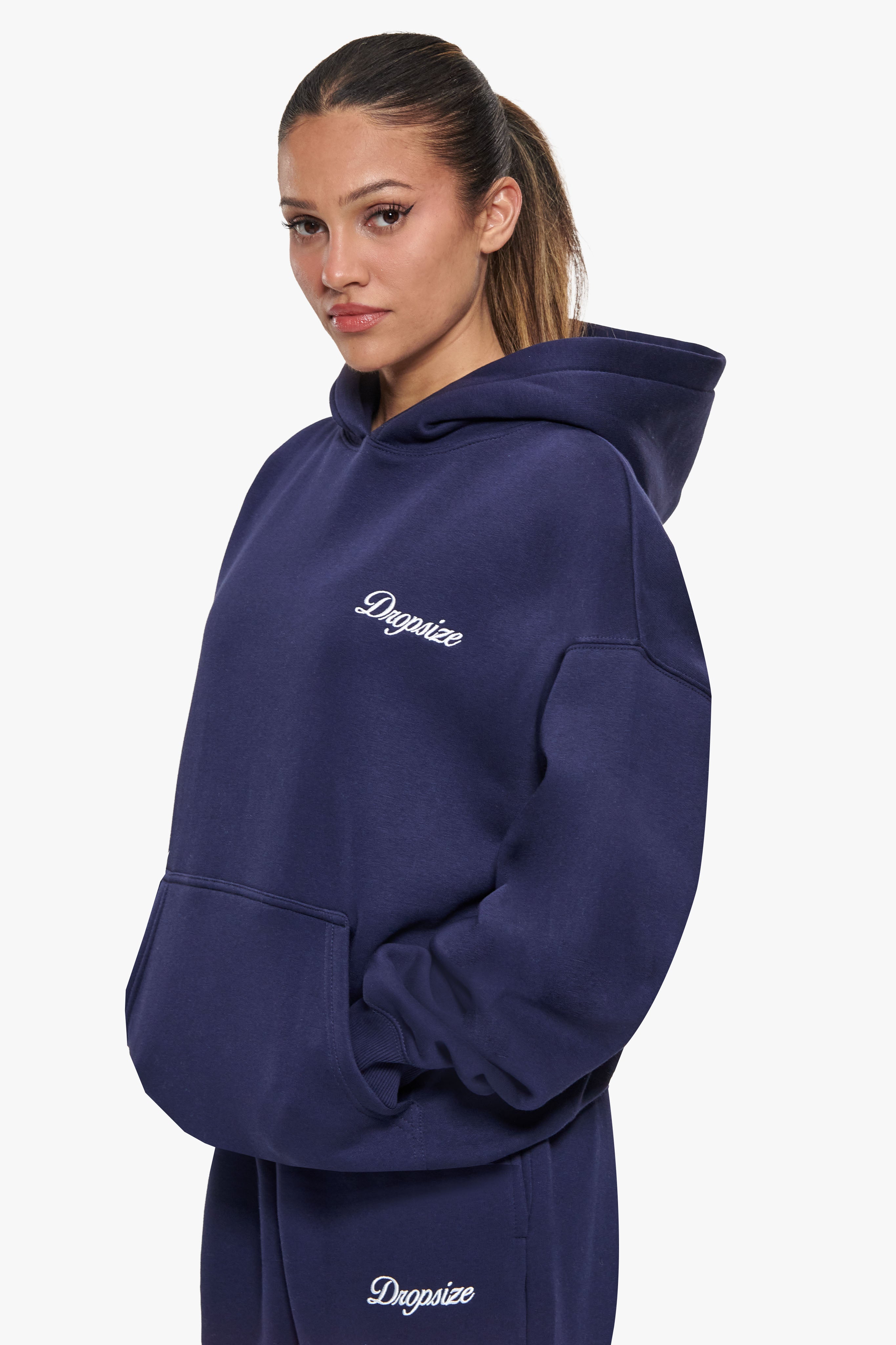 WOMEN CONTRAST EMBO HOODIE NAVY