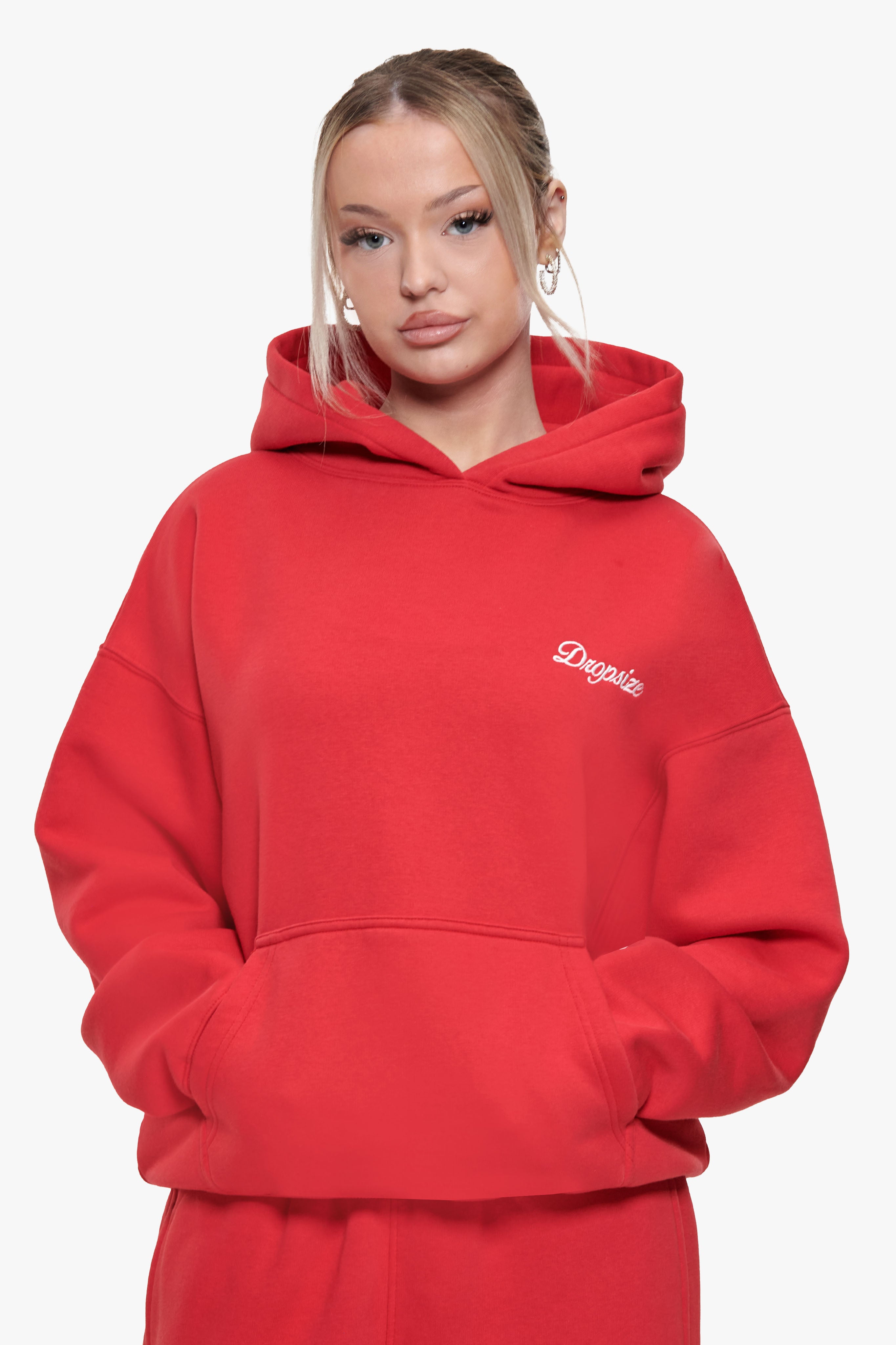 WOMEN CONTRAST EMBO HOODIE RED