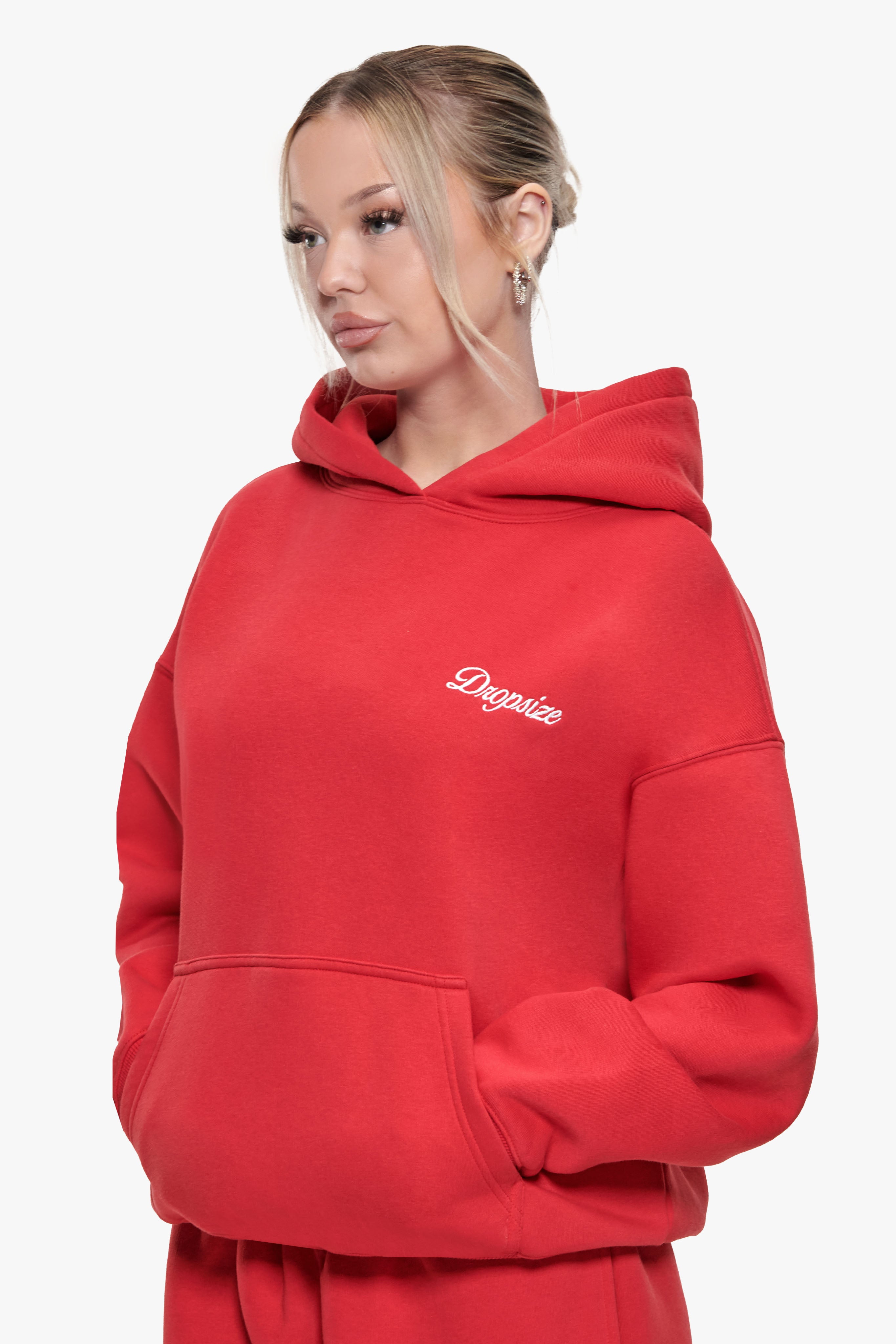WOMEN CONTRAST EMBO HOODIE RED