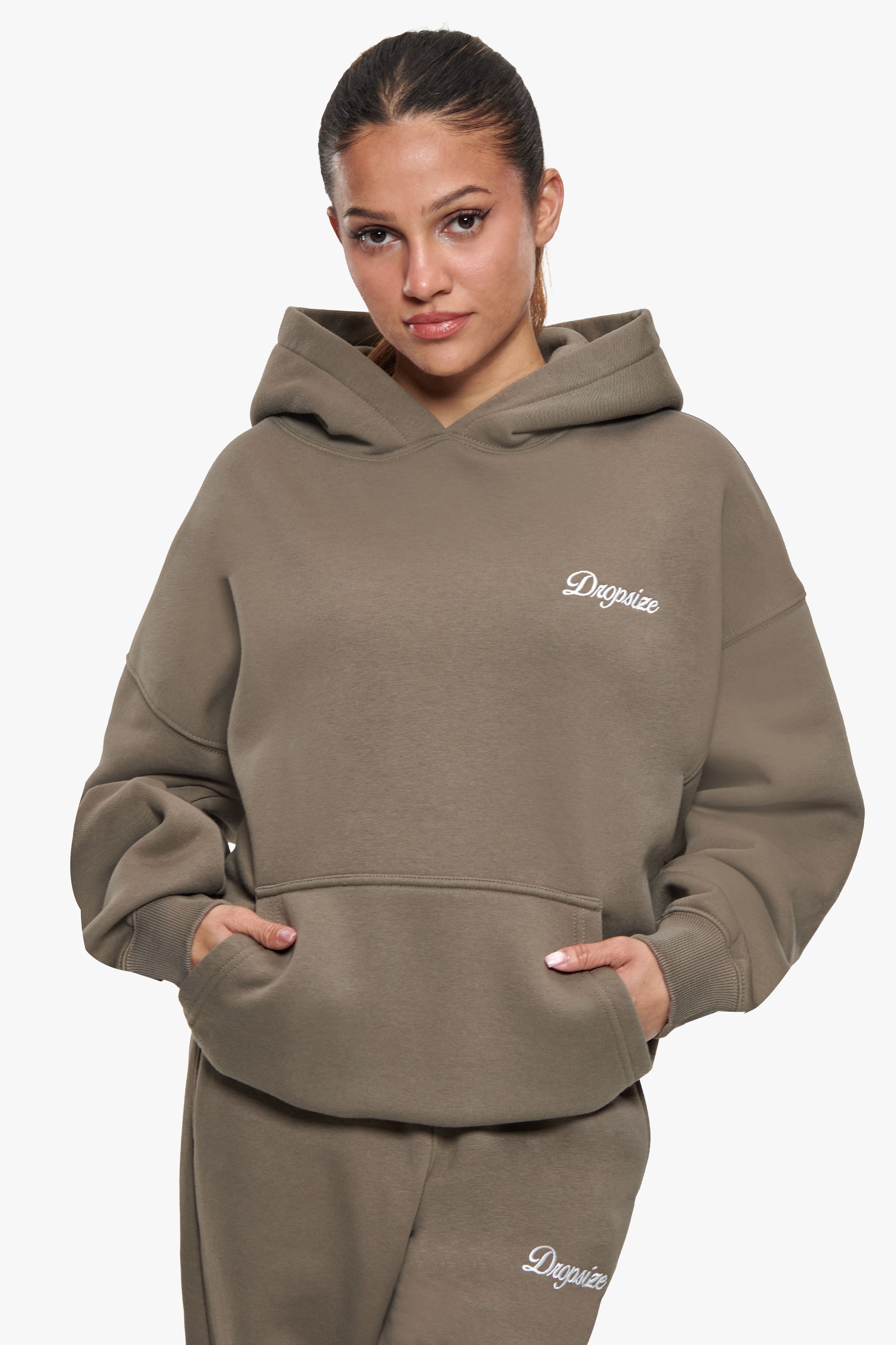 WOMEN CONTRAST EMBO HOODIE SAFARI GREEN