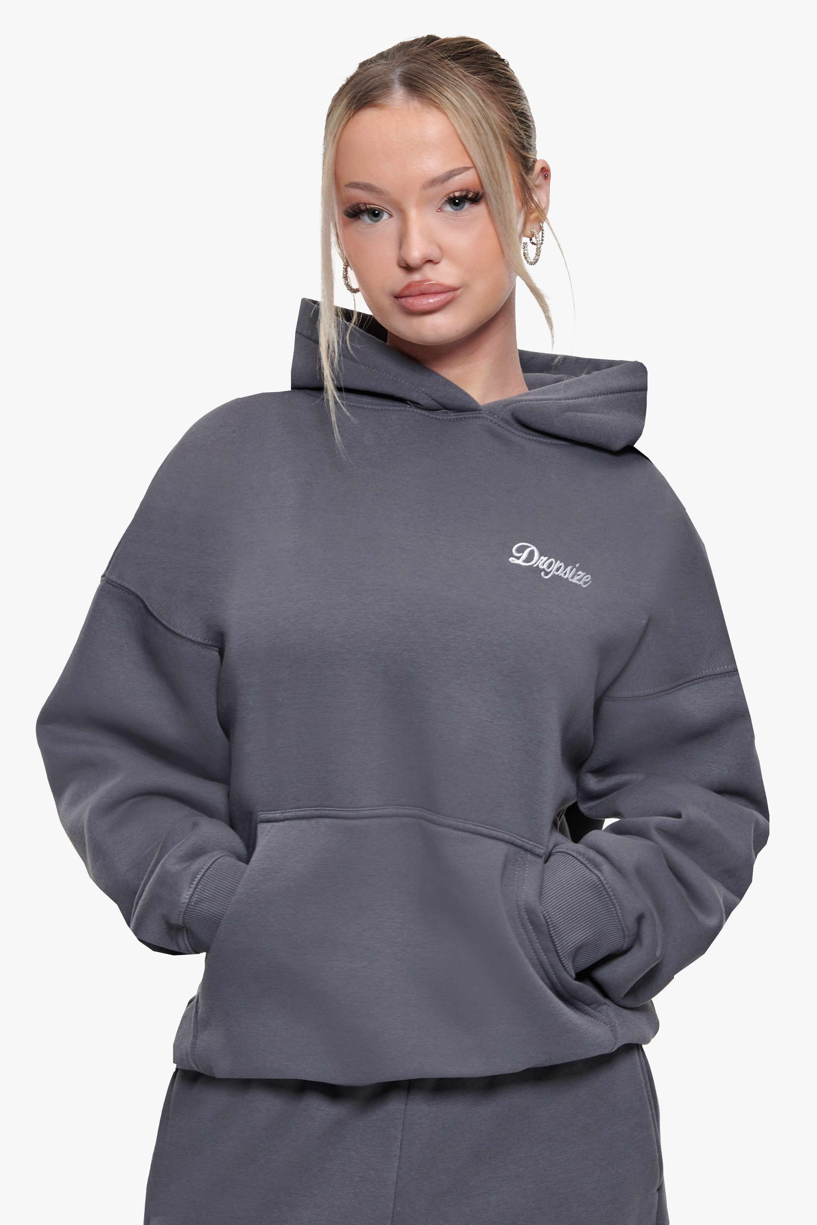 WOMEN CONTRAST EMBO HOODIE STEEL GREY