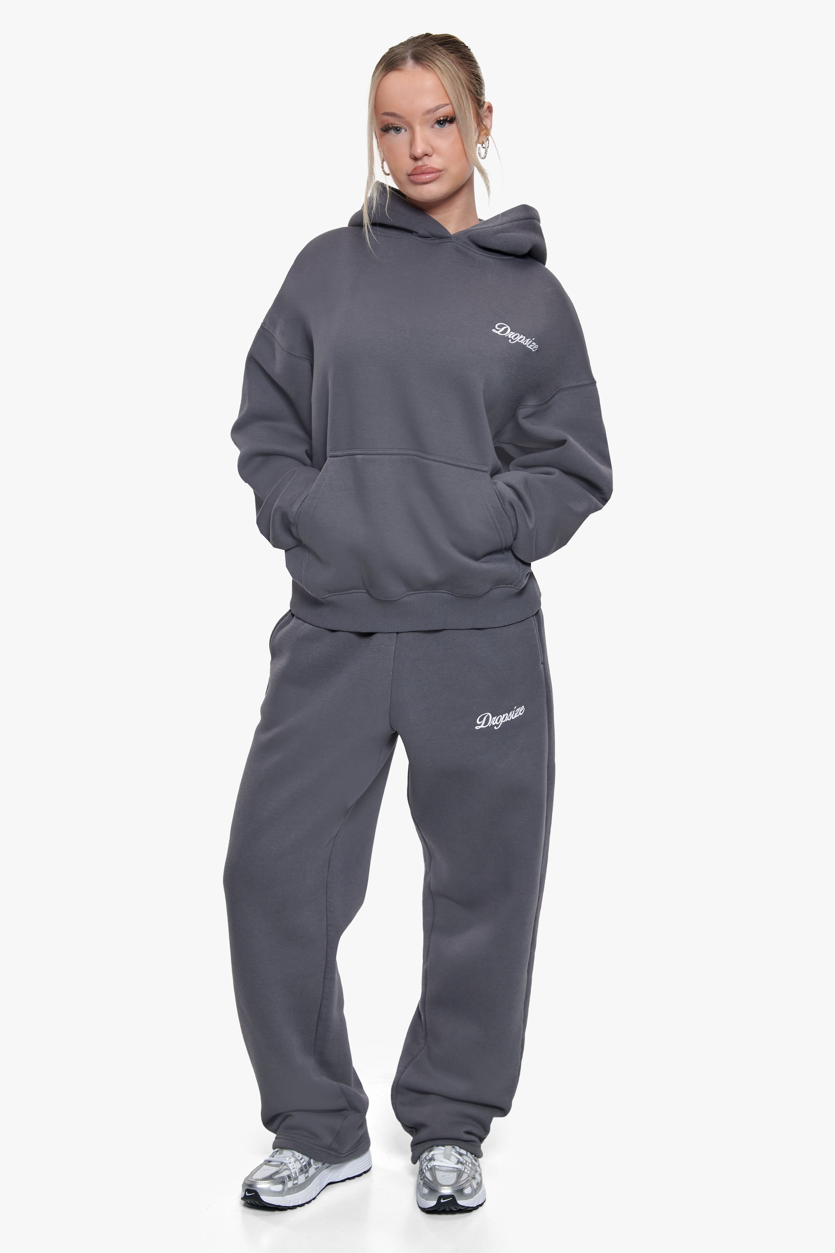 WOMEN CONTRAST EMBO HOODIE STEEL GREY