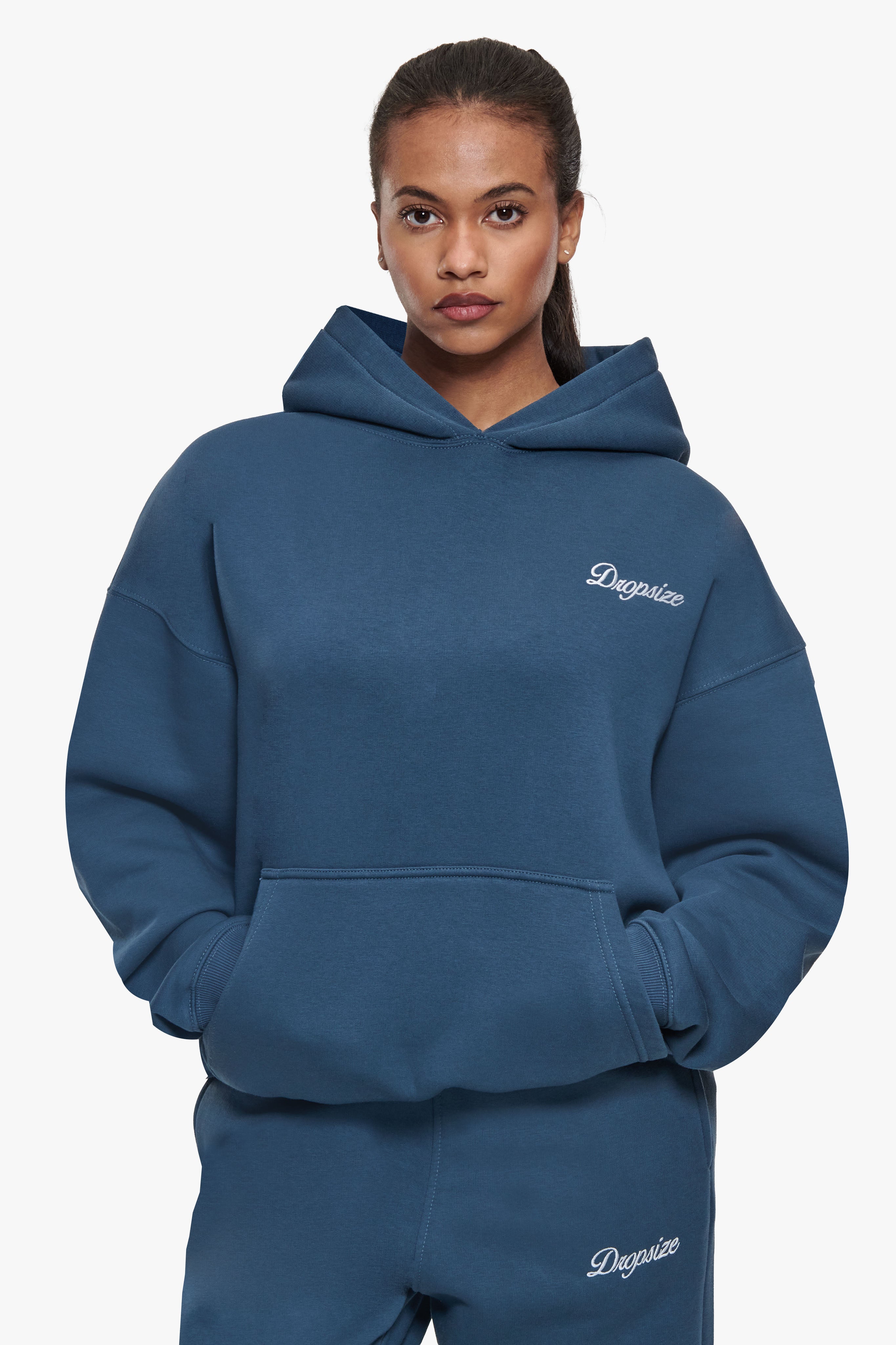 WOMEN CONTRAST EMBO HOODIE TEAL