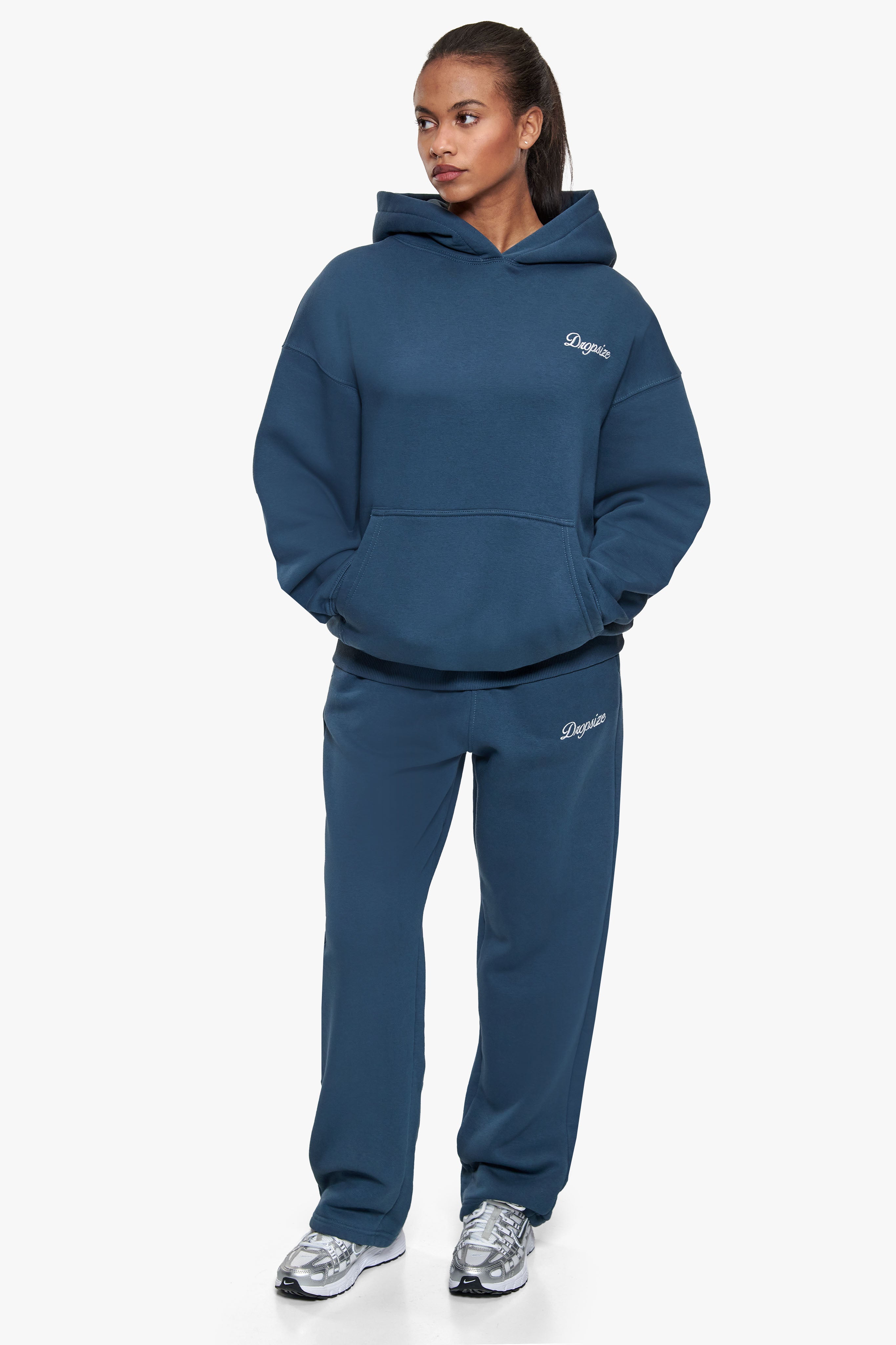 WOMEN CONTRAST EMBO HOODIE TEAL