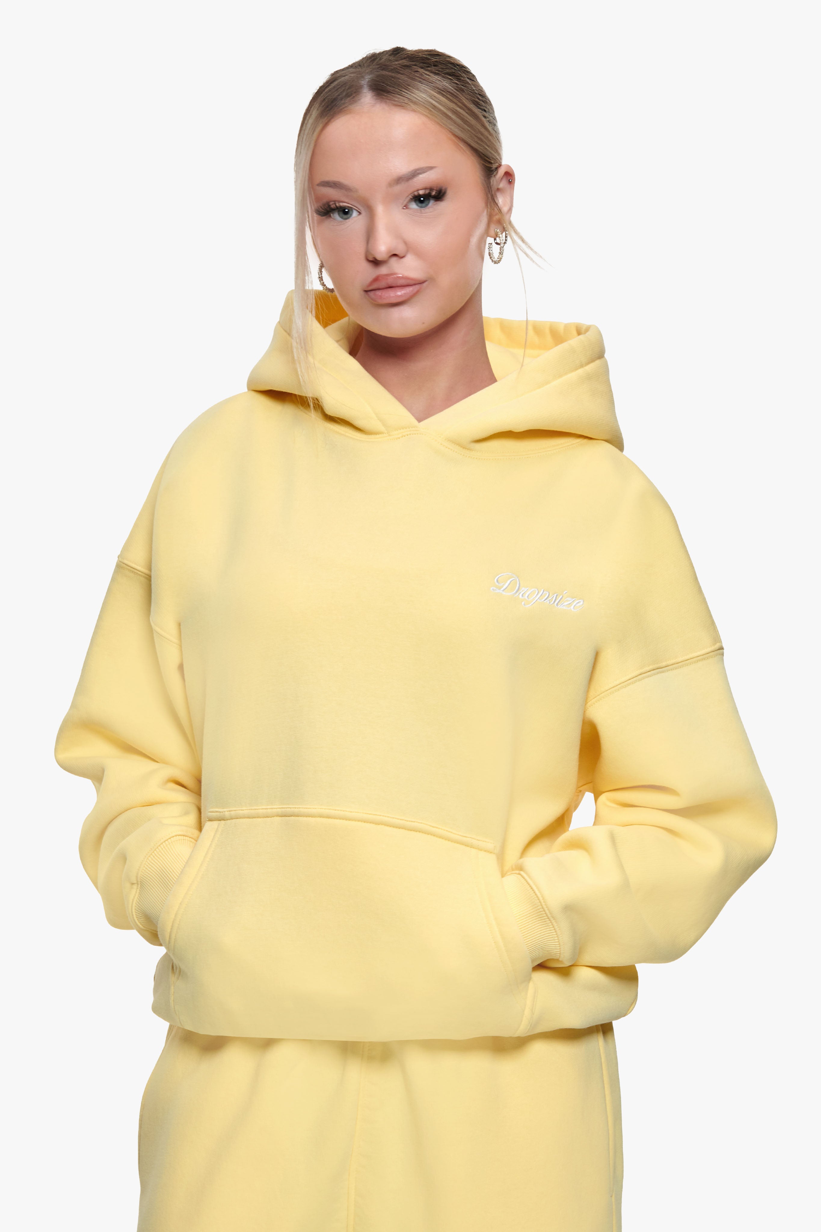 WOMEN CONTRAST EMBO HOODIE WASHED YELLOW