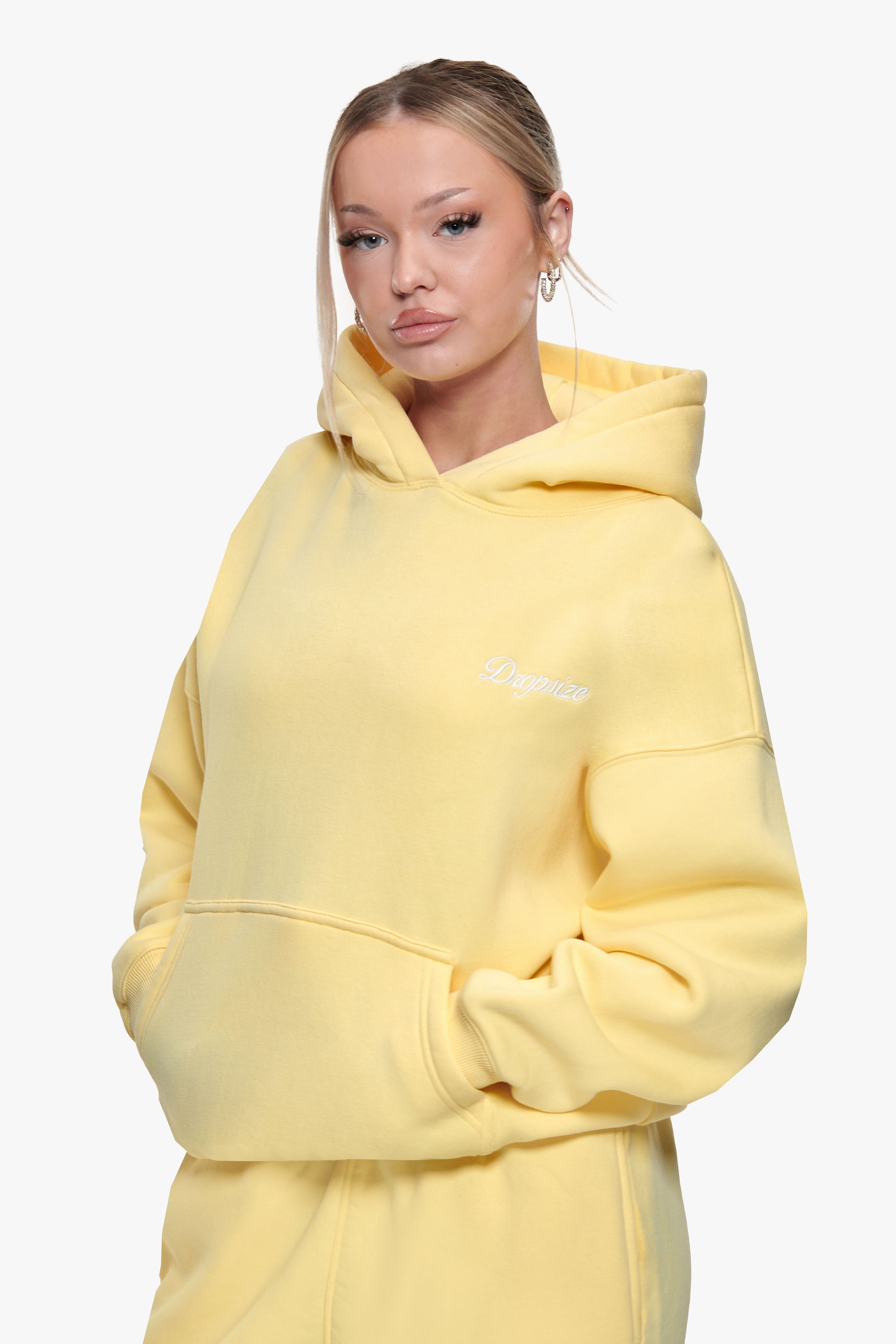 WOMEN CONTRAST EMBO HOODIE WASHED YELLOW