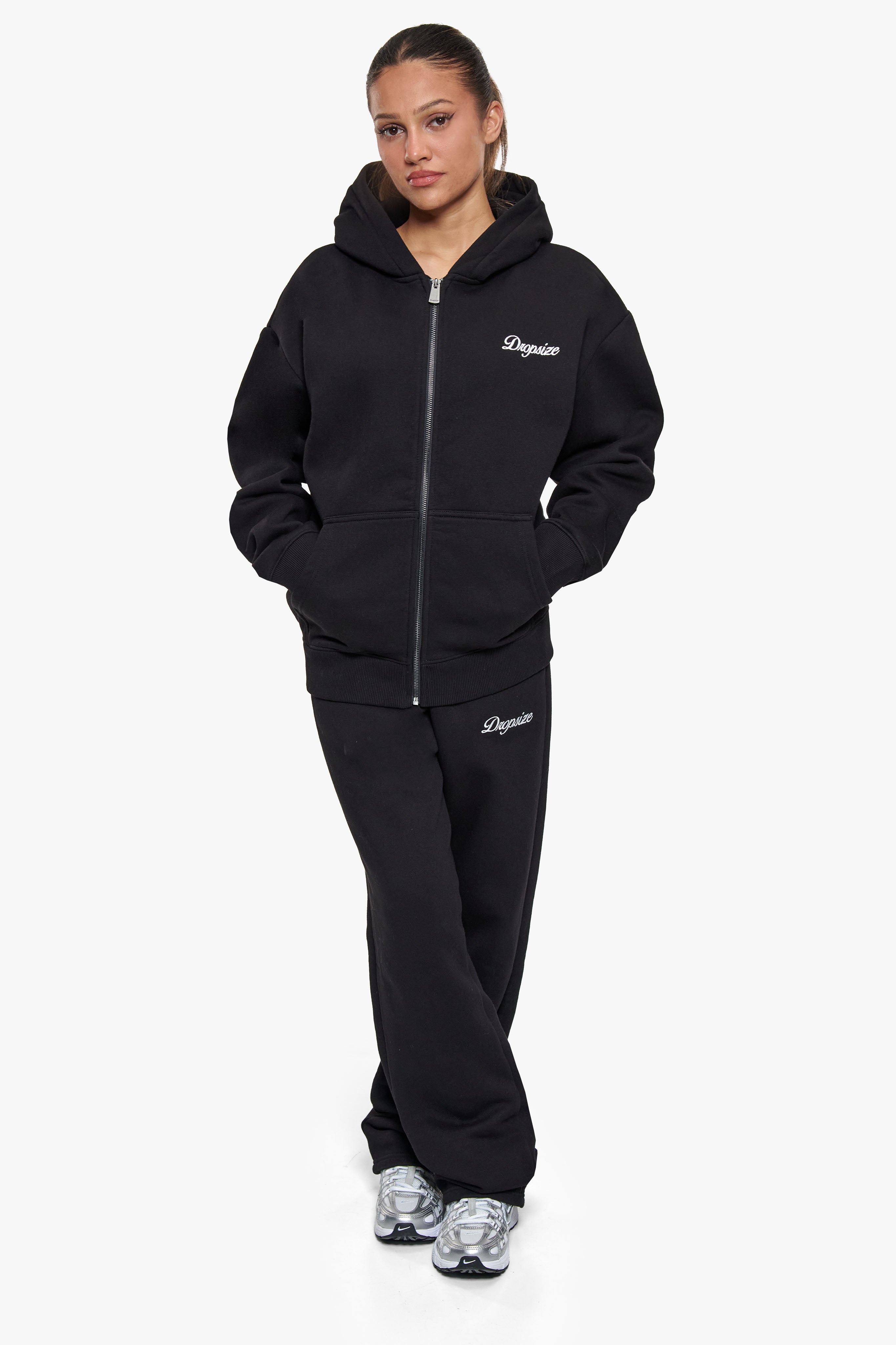 WOMEN CONTRAST EMBO ZIP HOODIE BLACK