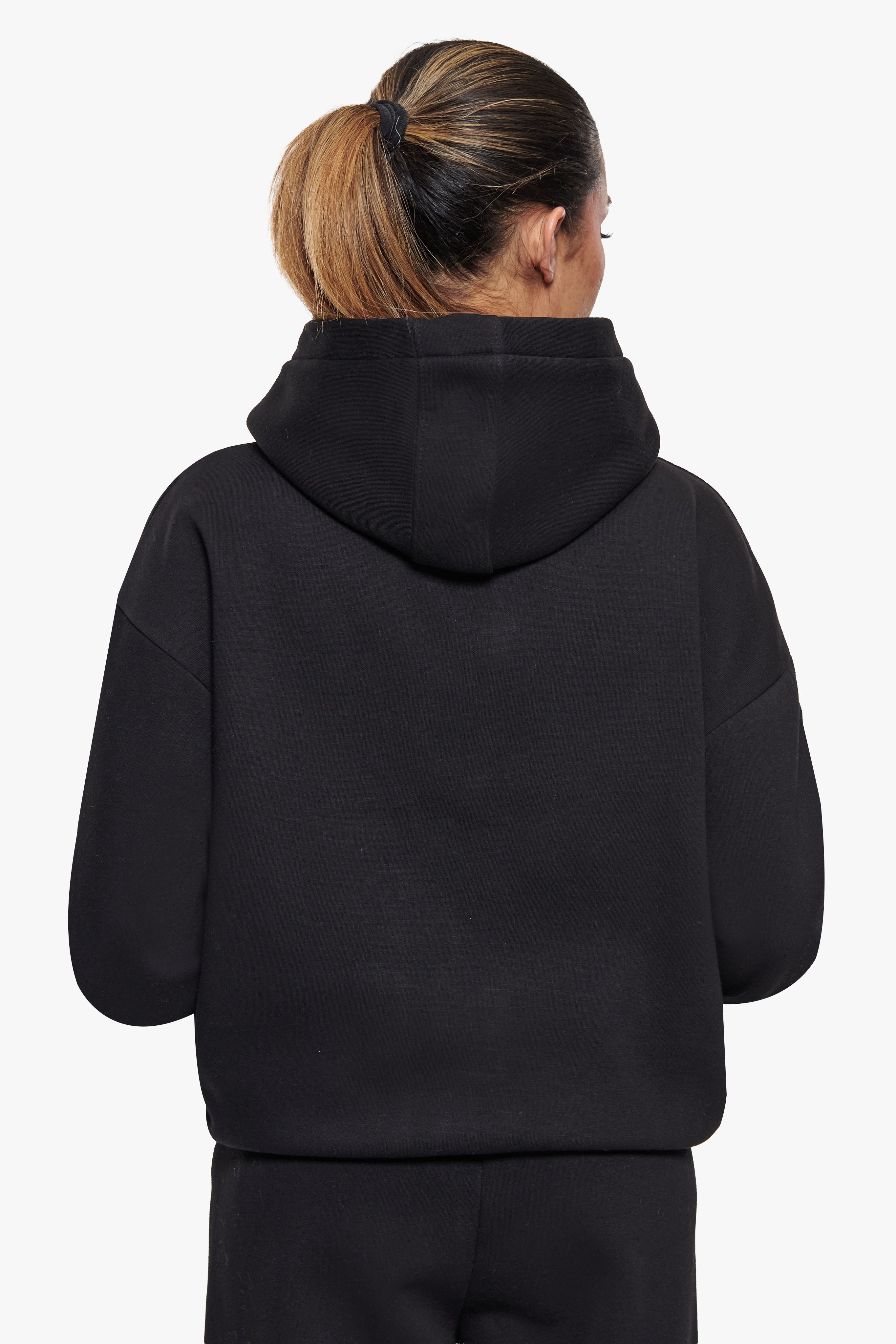 WOMEN CONTRAST EMBO ZIP HOODIE BLACK