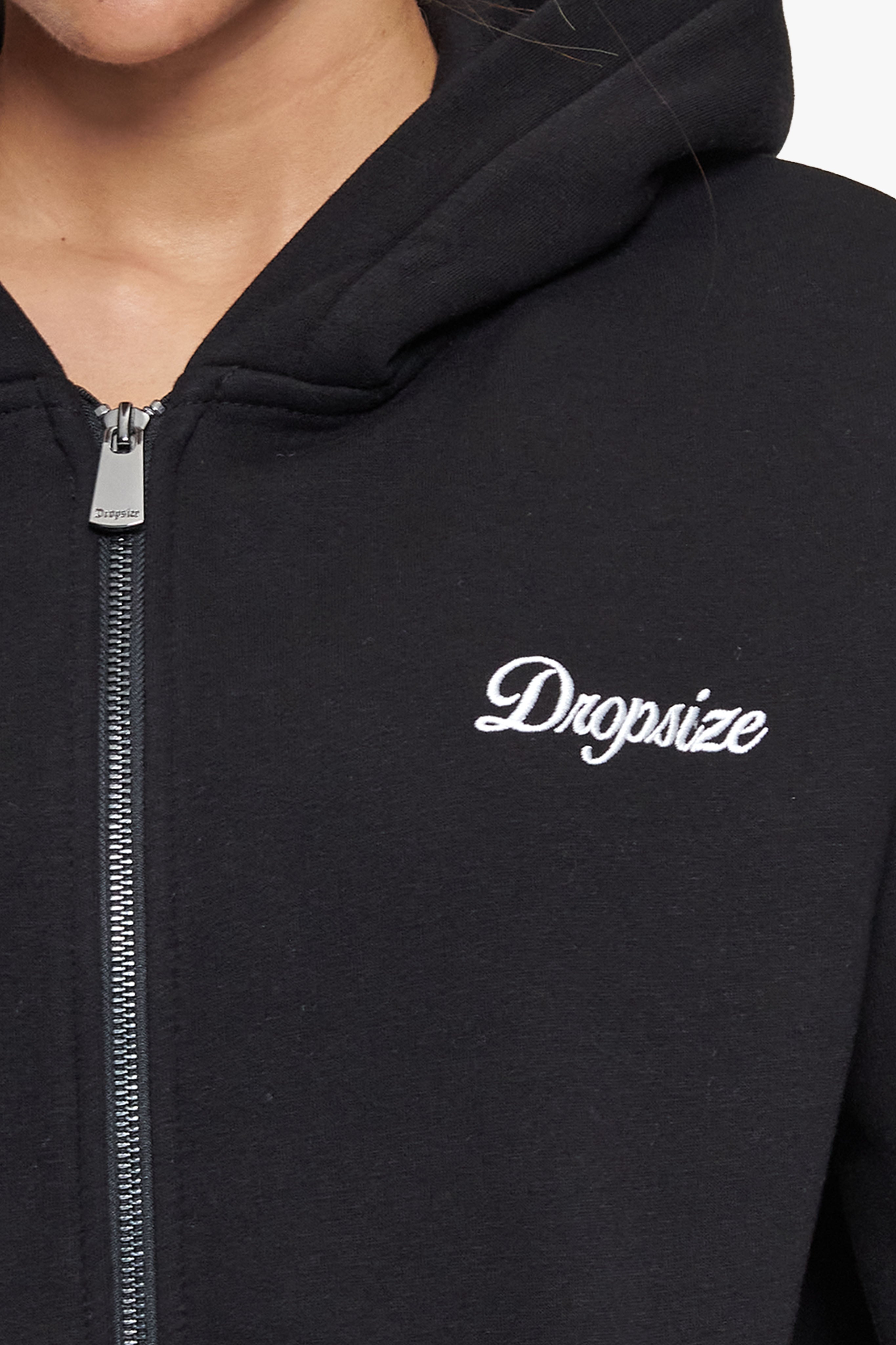 WOMEN CONTRAST EMBO ZIP HOODIE BLACK
