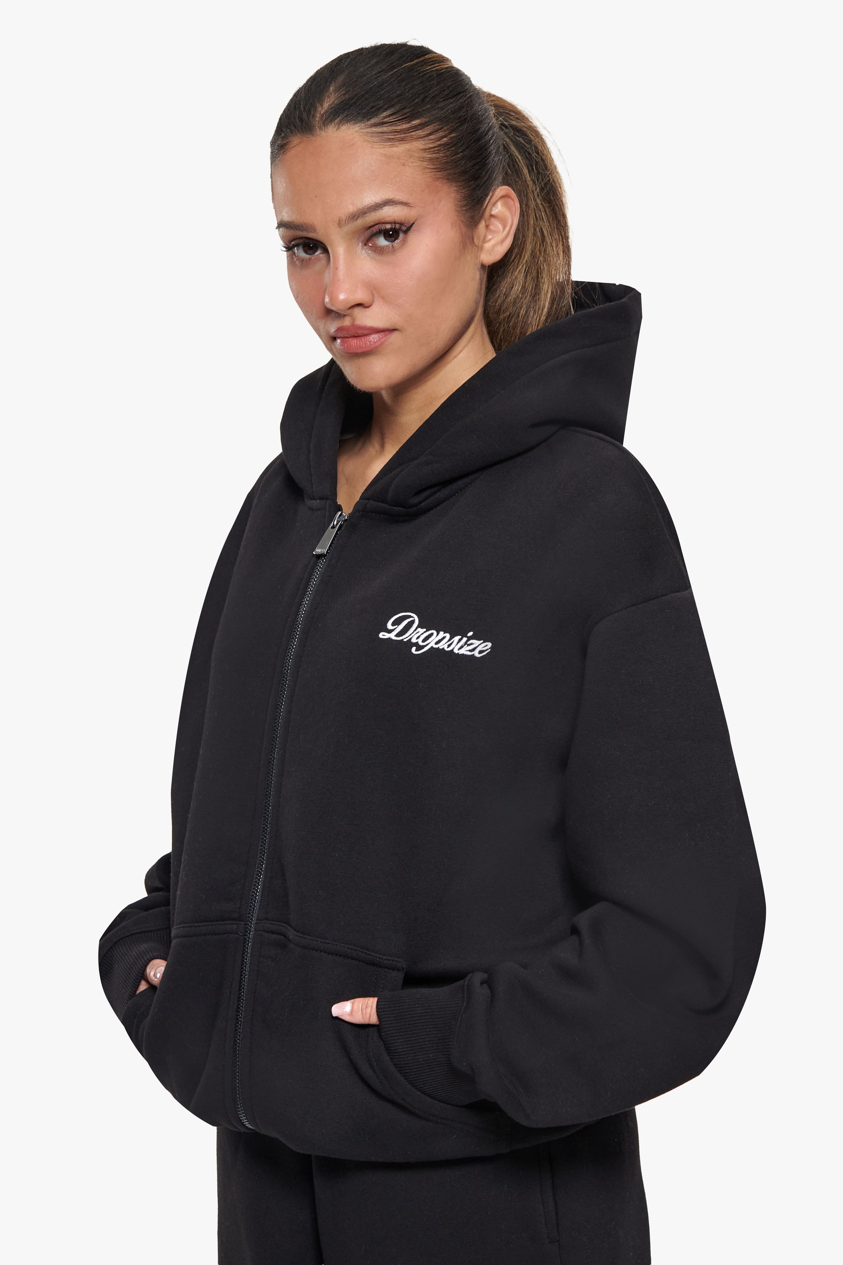 WOMEN CONTRAST EMBO ZIP HOODIE BLACK