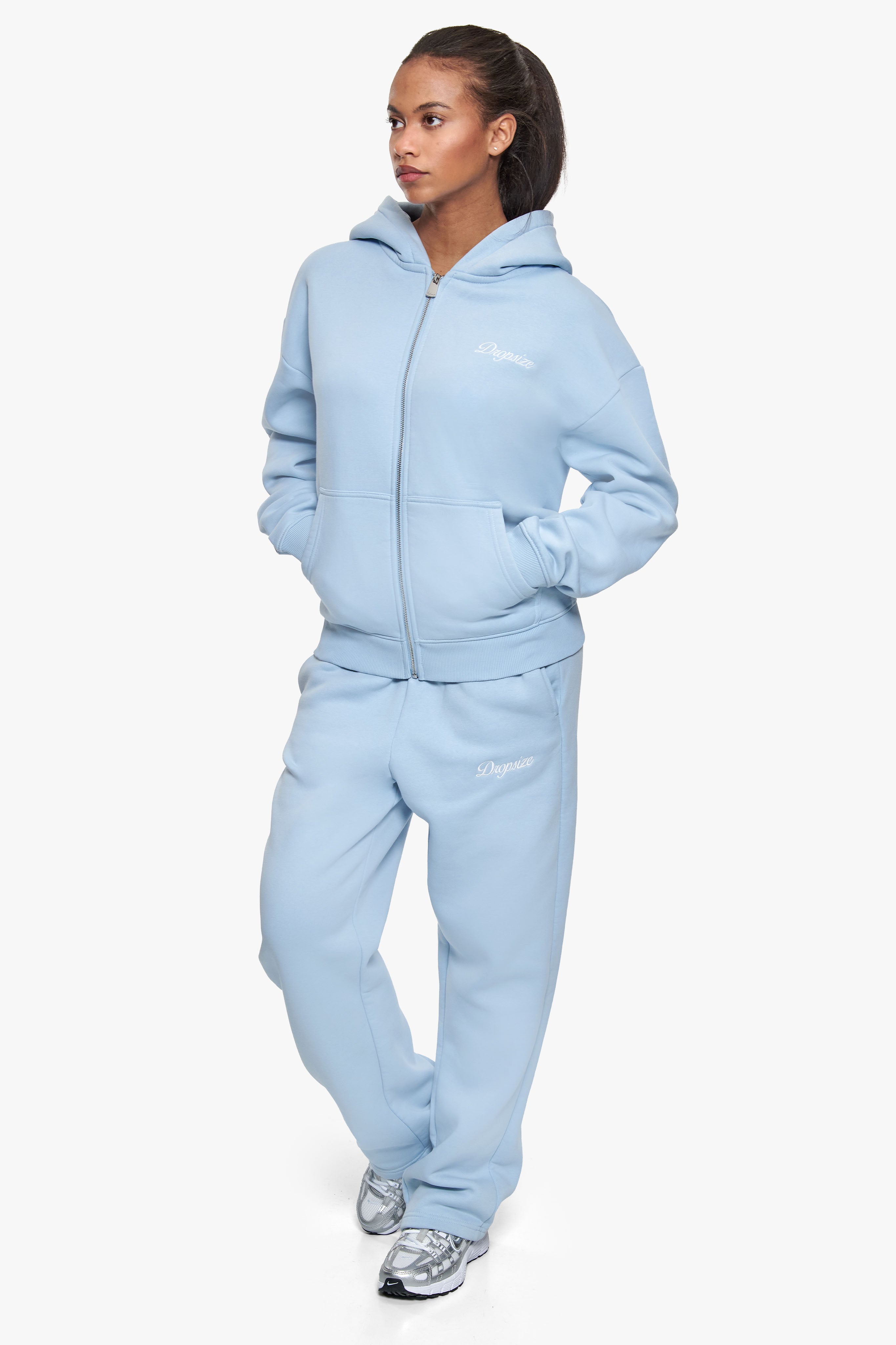 WOMEN CONTRAST EMBO ZIP HOODIE BABY BLUE