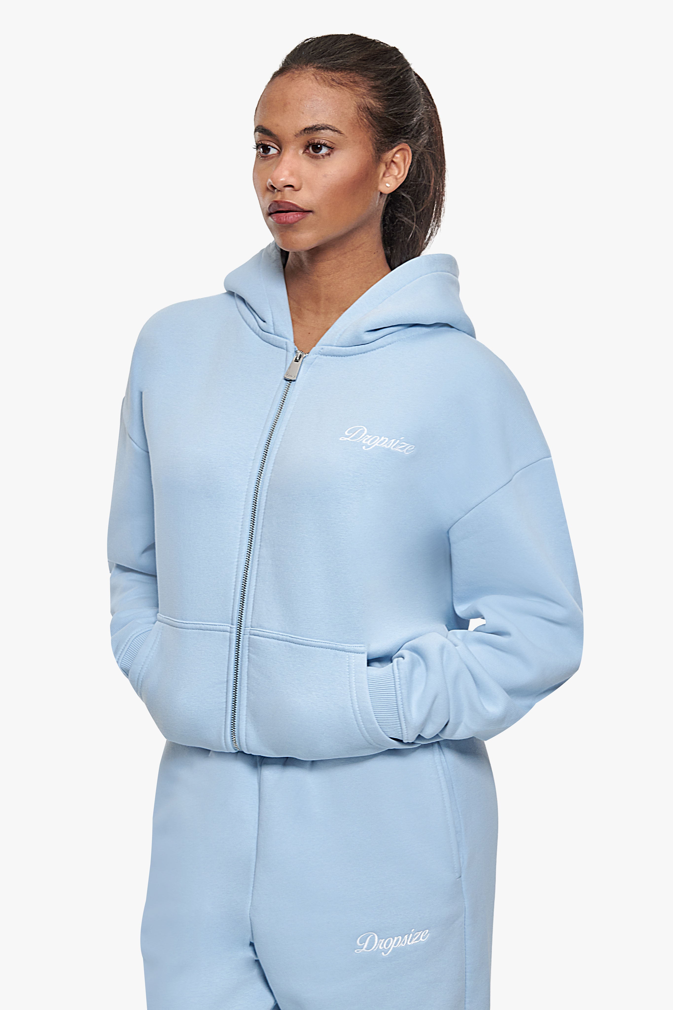 WOMEN CONTRAST EMBO ZIP HOODIE BABY BLUE