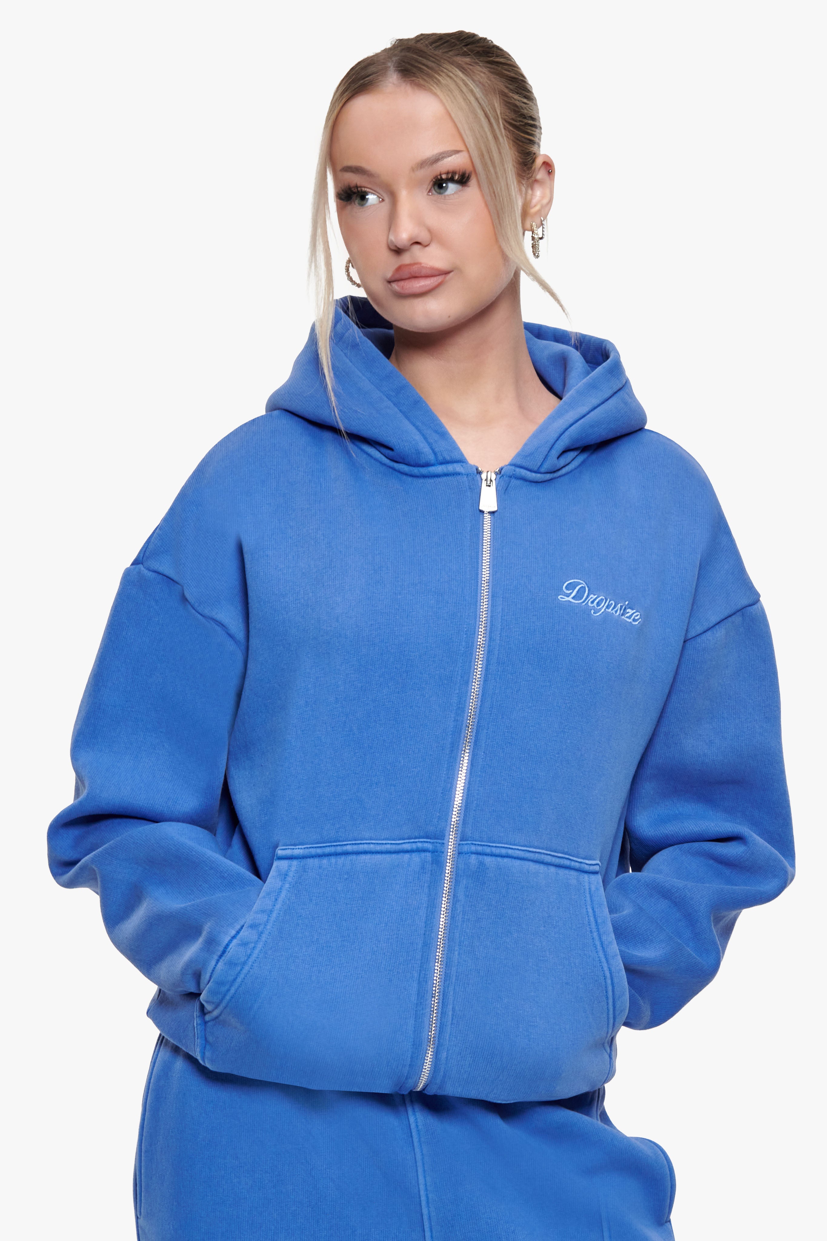 WOMEN CONTRAST EMBO ZIP HOODIE WASHED BLUE