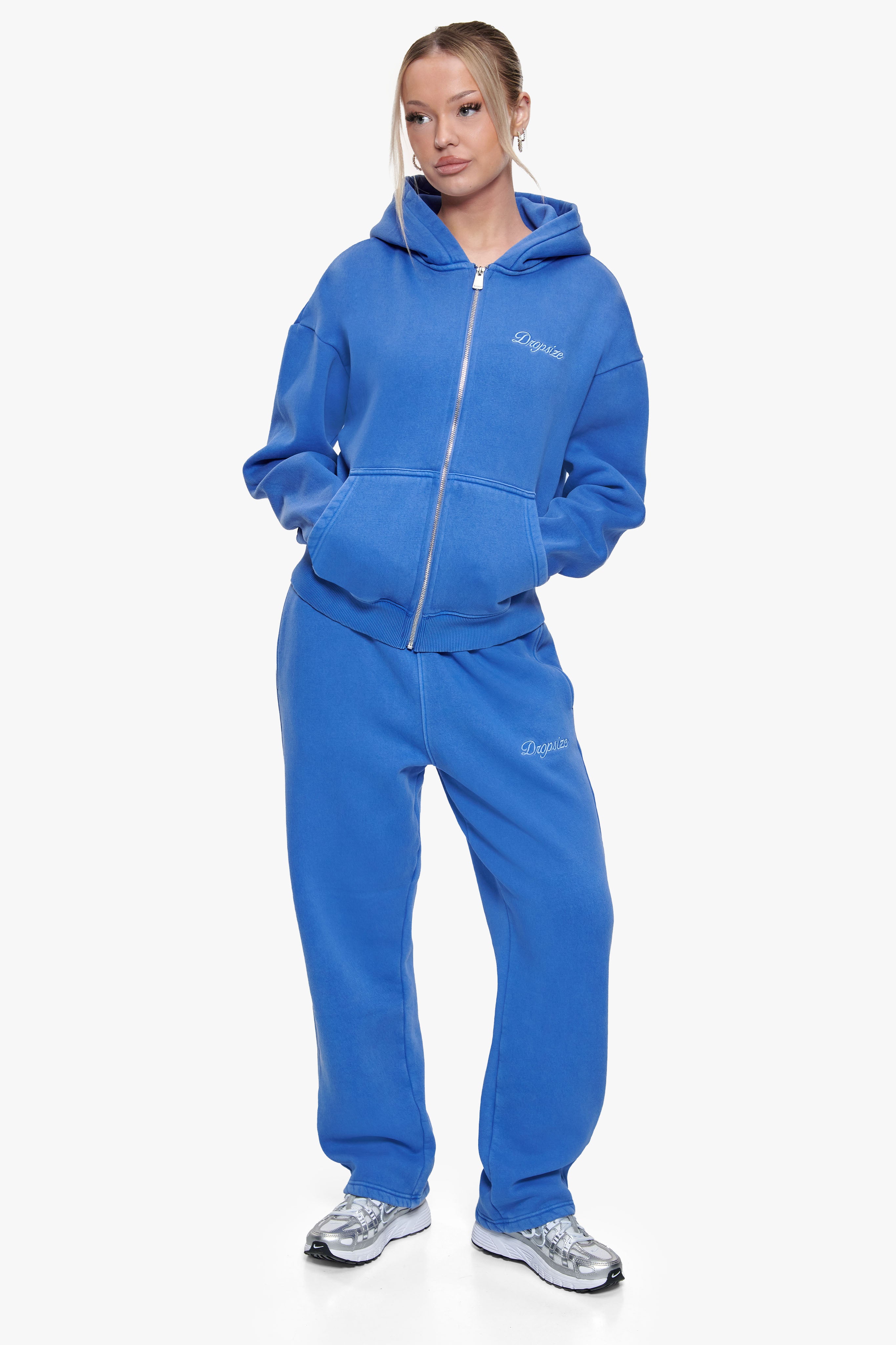 WOMEN CONTRAST EMBO ZIP HOODIE WASHED BLUE